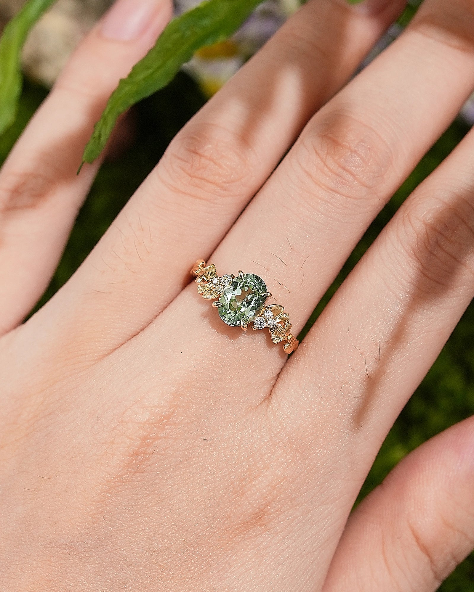 LCCjewelry | Yellow Gold Ginkgo Leaf Design Olive Green Sapphire Engagement Ring - LCCjewelry