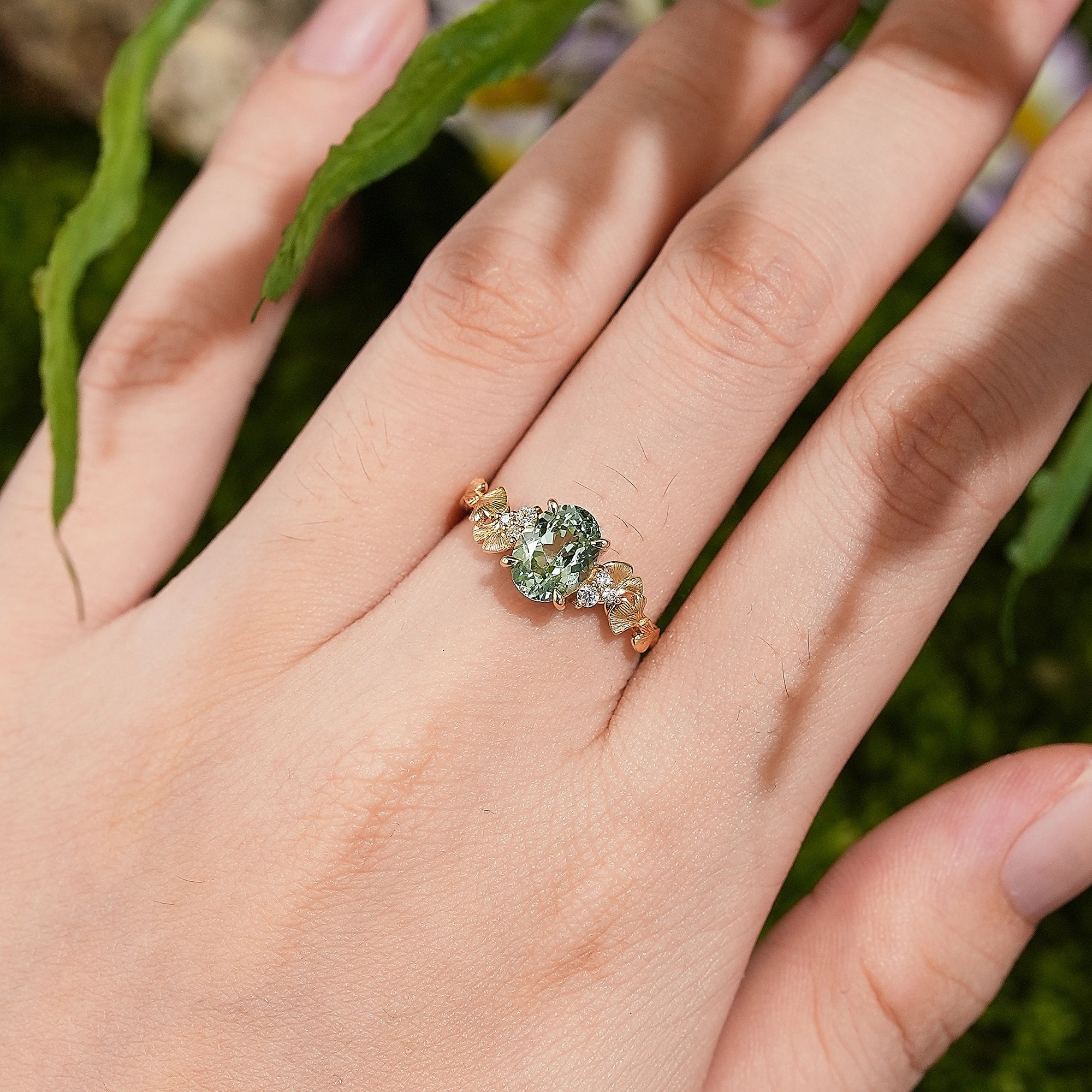 LCCjewelry | Yellow Gold Ginkgo Leaf Design Olive Green Sapphire Engagement Ring - LCCjewelry