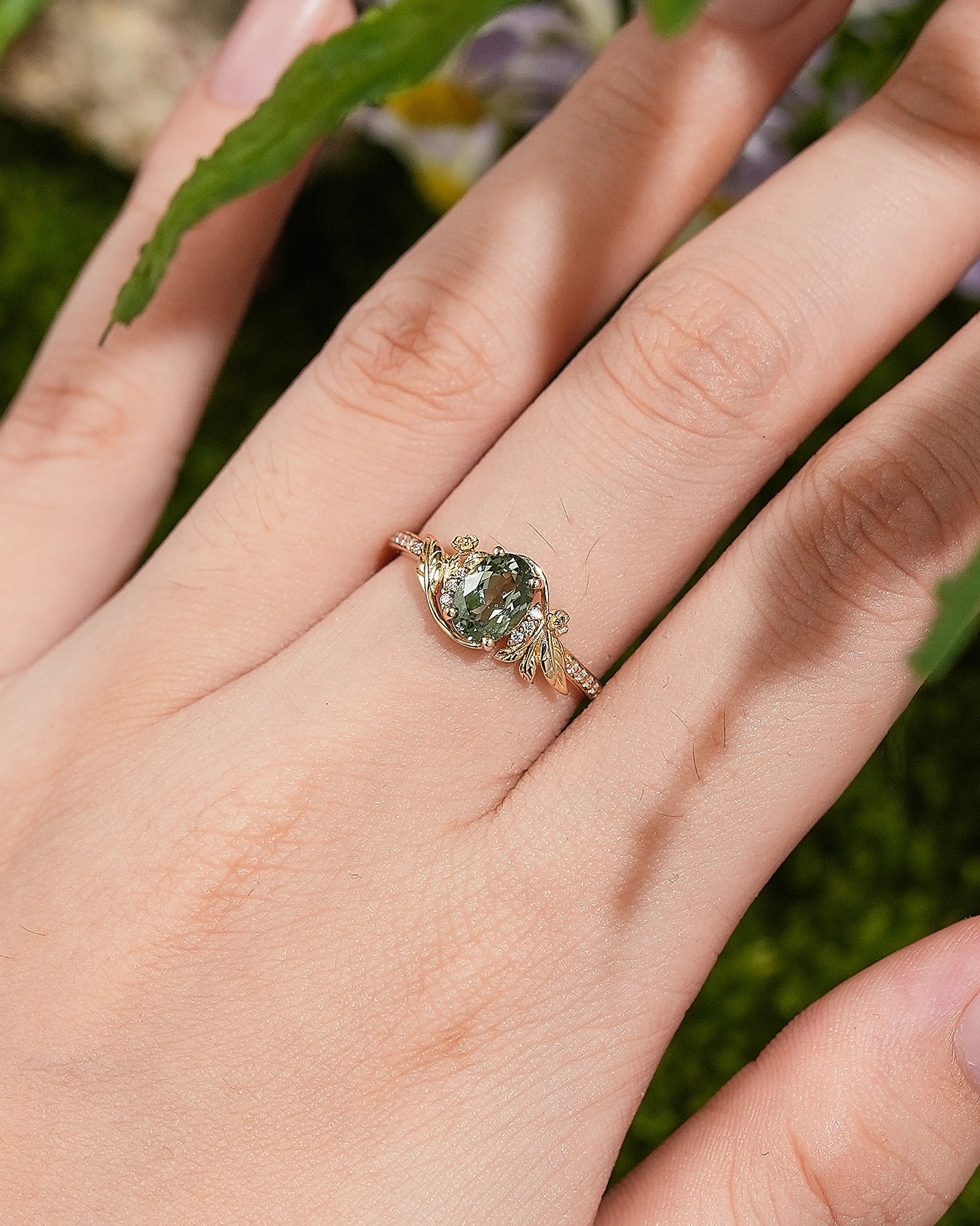 LCCjewelry | Unique Olive Green Sapphire Leaf Flower Engagement Ring - LCCjewelry
