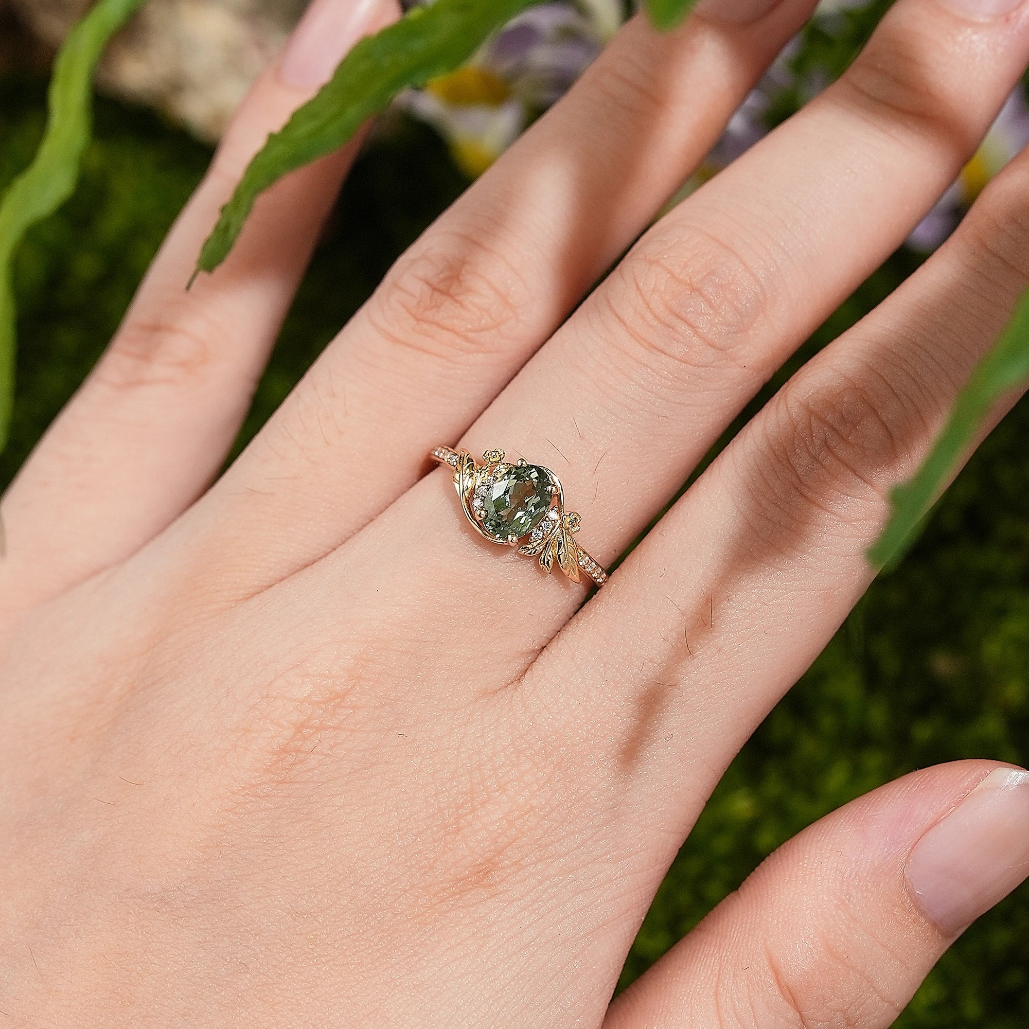 LCCjewelry | Unique Olive Green Sapphire Leaf Flower Engagement Ring - LCCjewelry