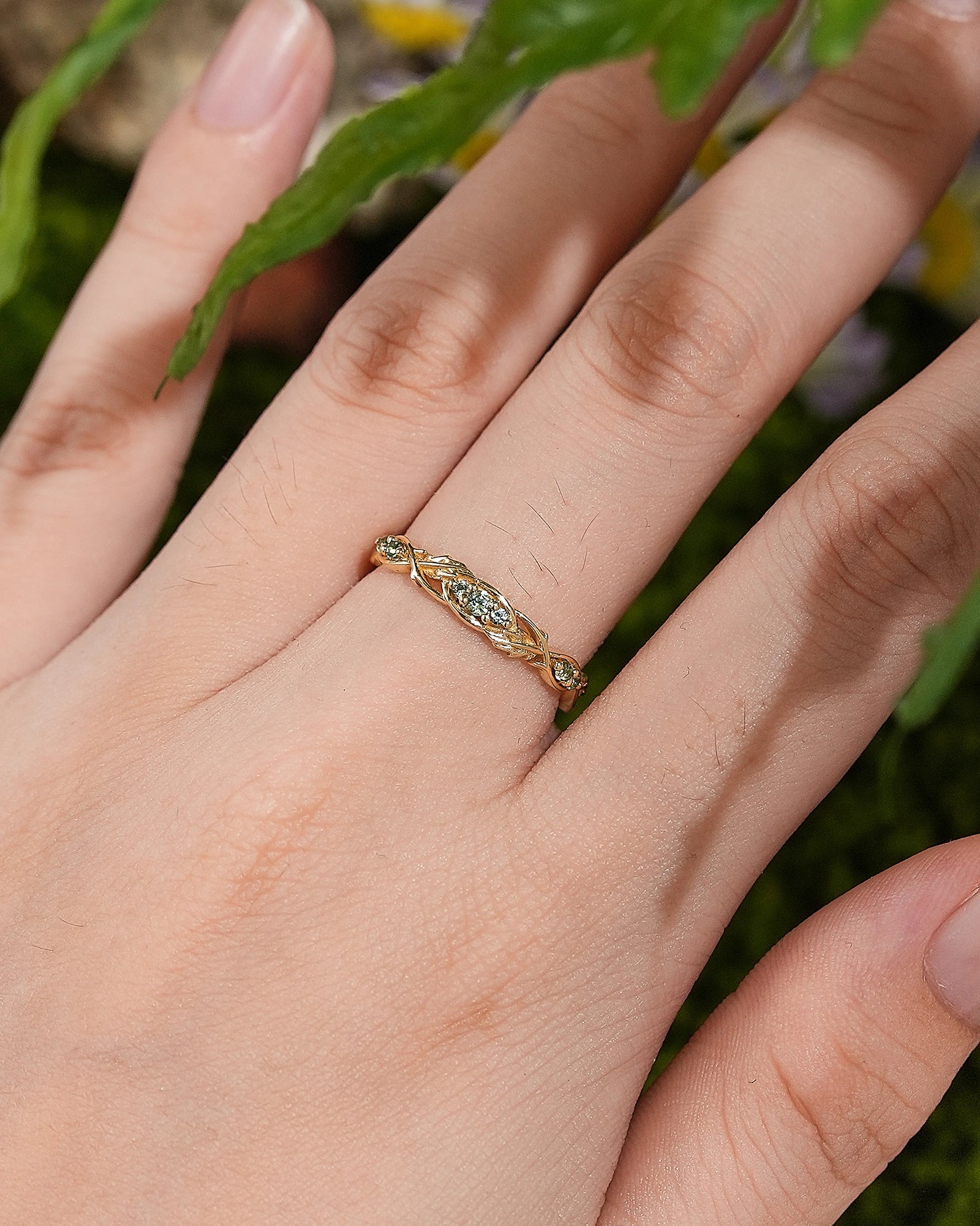 LCCjewelry | Nature Inspired Green Sapphire Leaf Wedding Band - LCCjewelry
