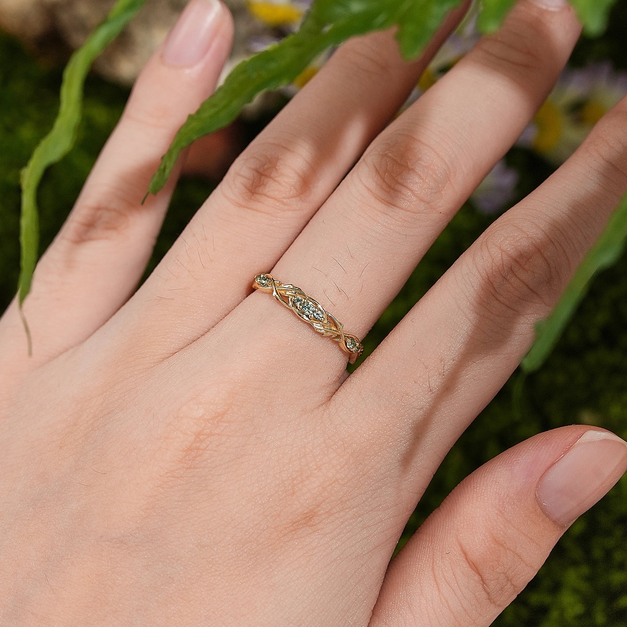 LCCjewelry | Nature Inspired Green Sapphire Leaf Wedding Band - LCCjewelry