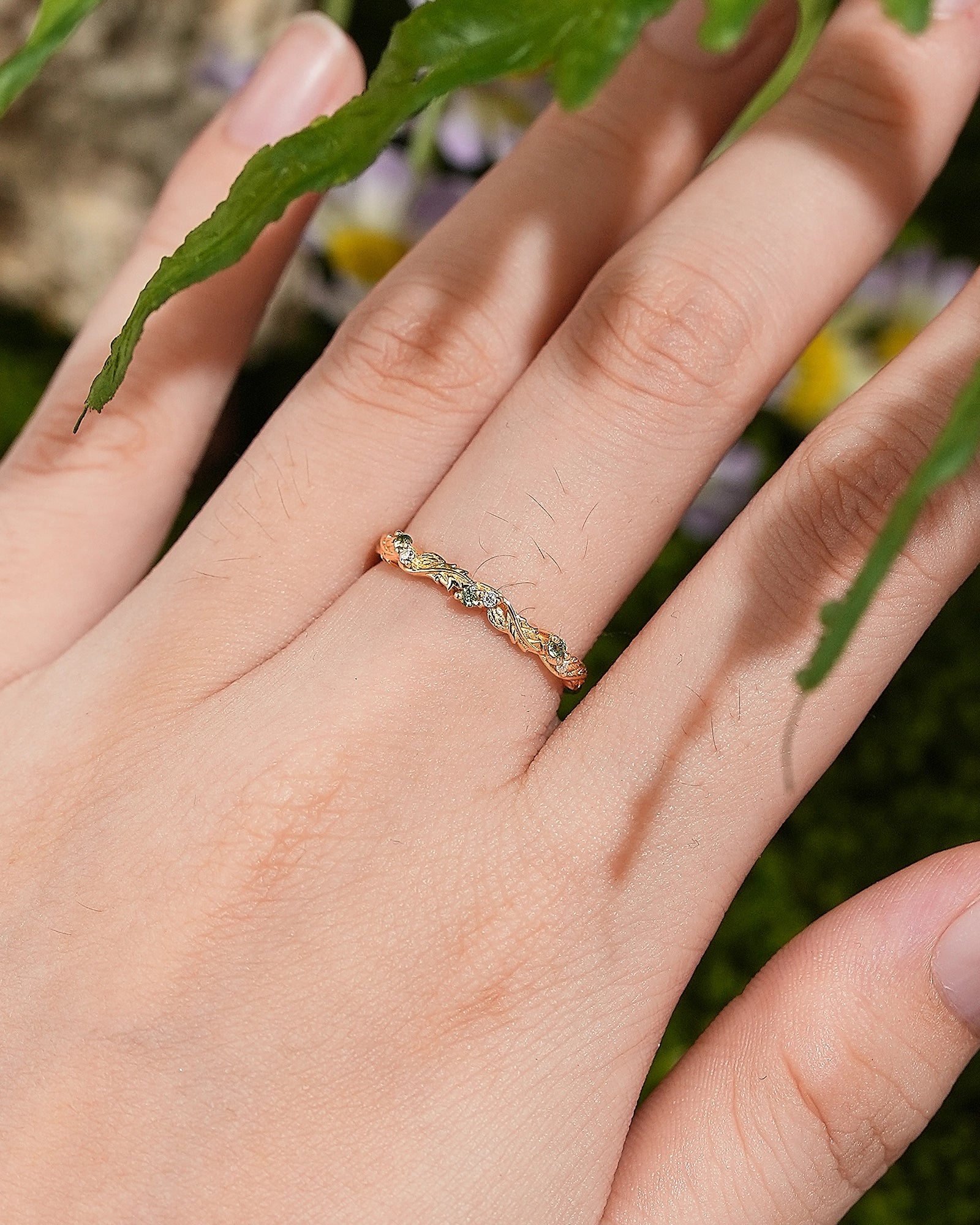 LCCjewelry | Nature Inspired Green Sapphire and moissanite Leaf Wedding Band - LCCjewelry