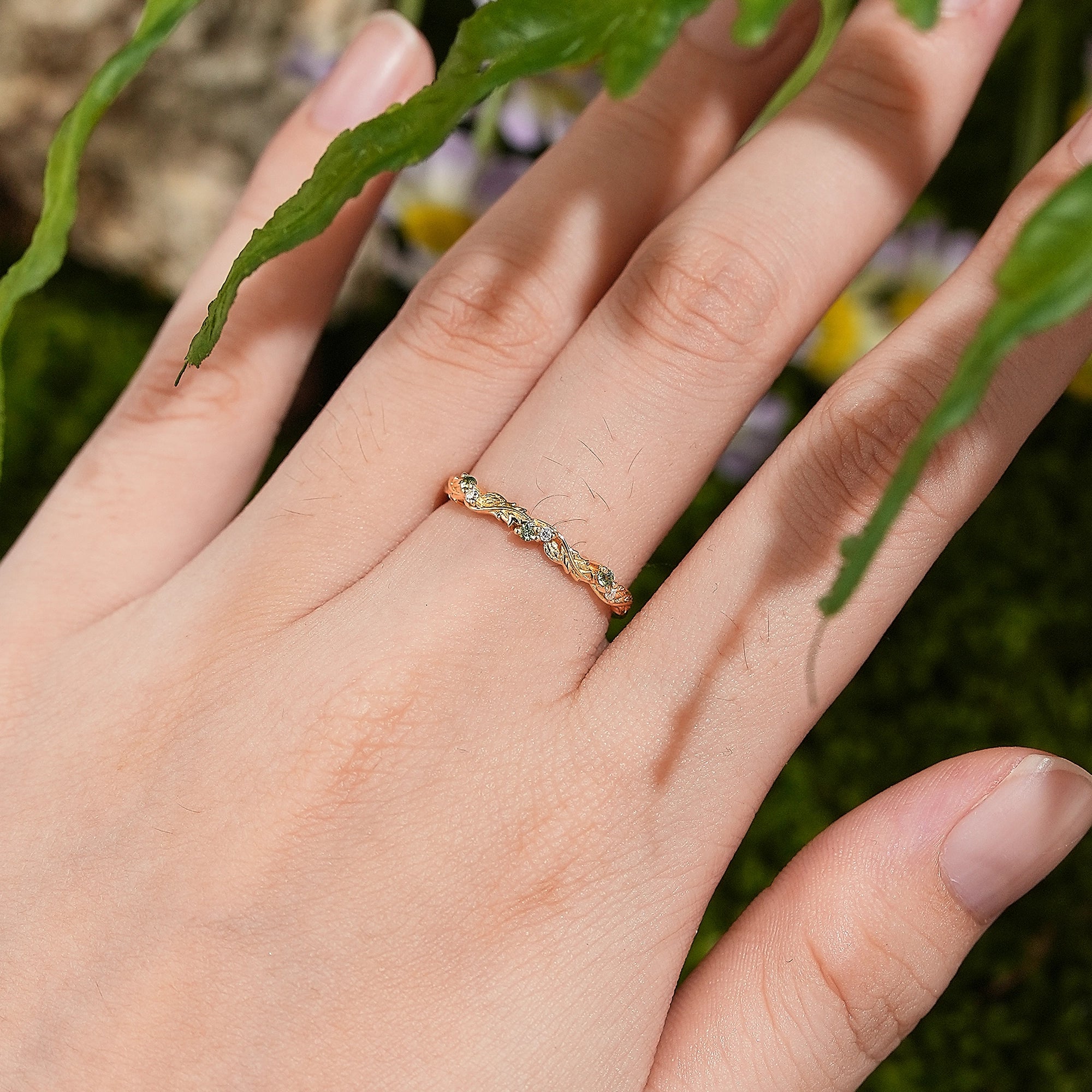 LCCjewelry | Nature Inspired Green Sapphire and moissanite Leaf Wedding Band - LCCjewelry
