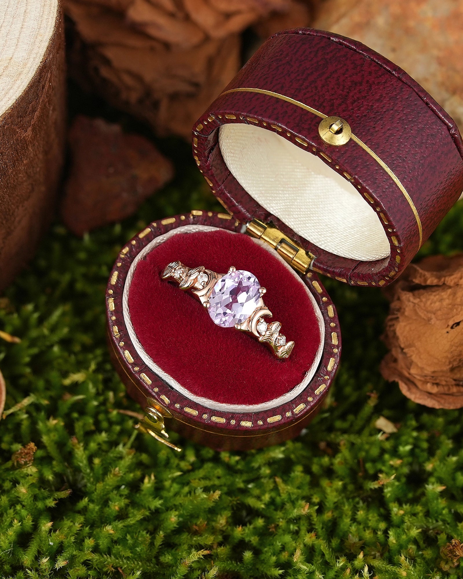 Leaf Inspired | Unique Purple Sapphire Engagement Ring Ginkgo Leaf Design - LCCjewelry