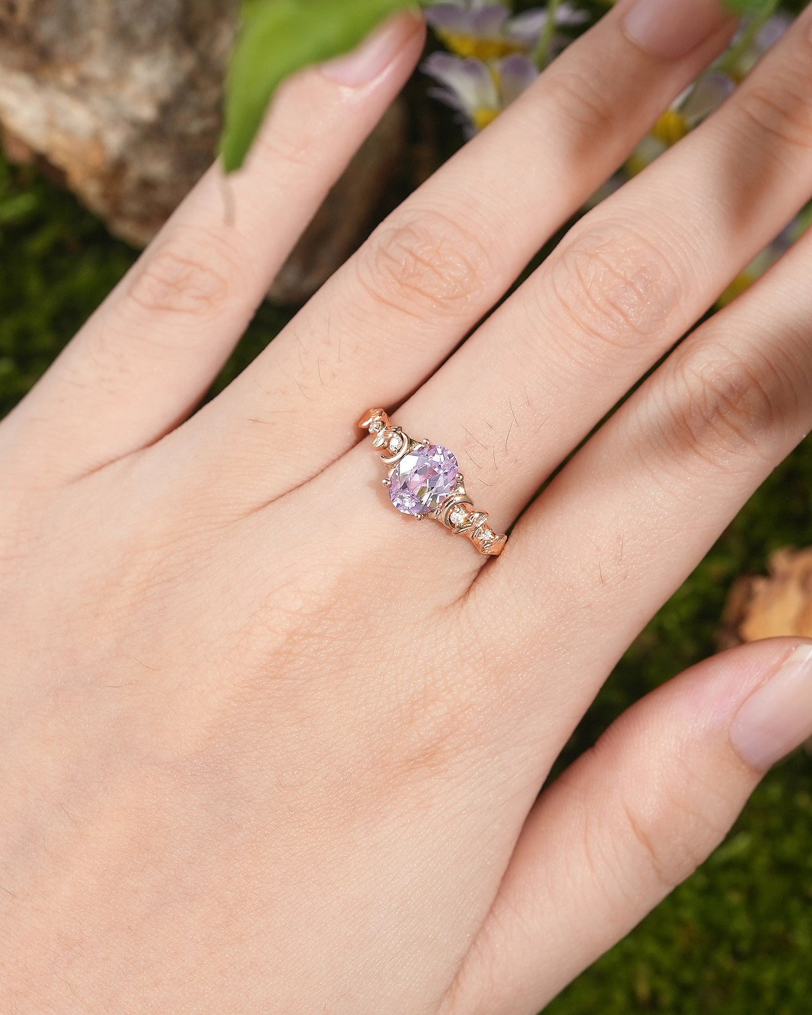 Leaf Inspired | Unique Purple Sapphire Engagement Ring Ginkgo Leaf Design - LCCjewelry