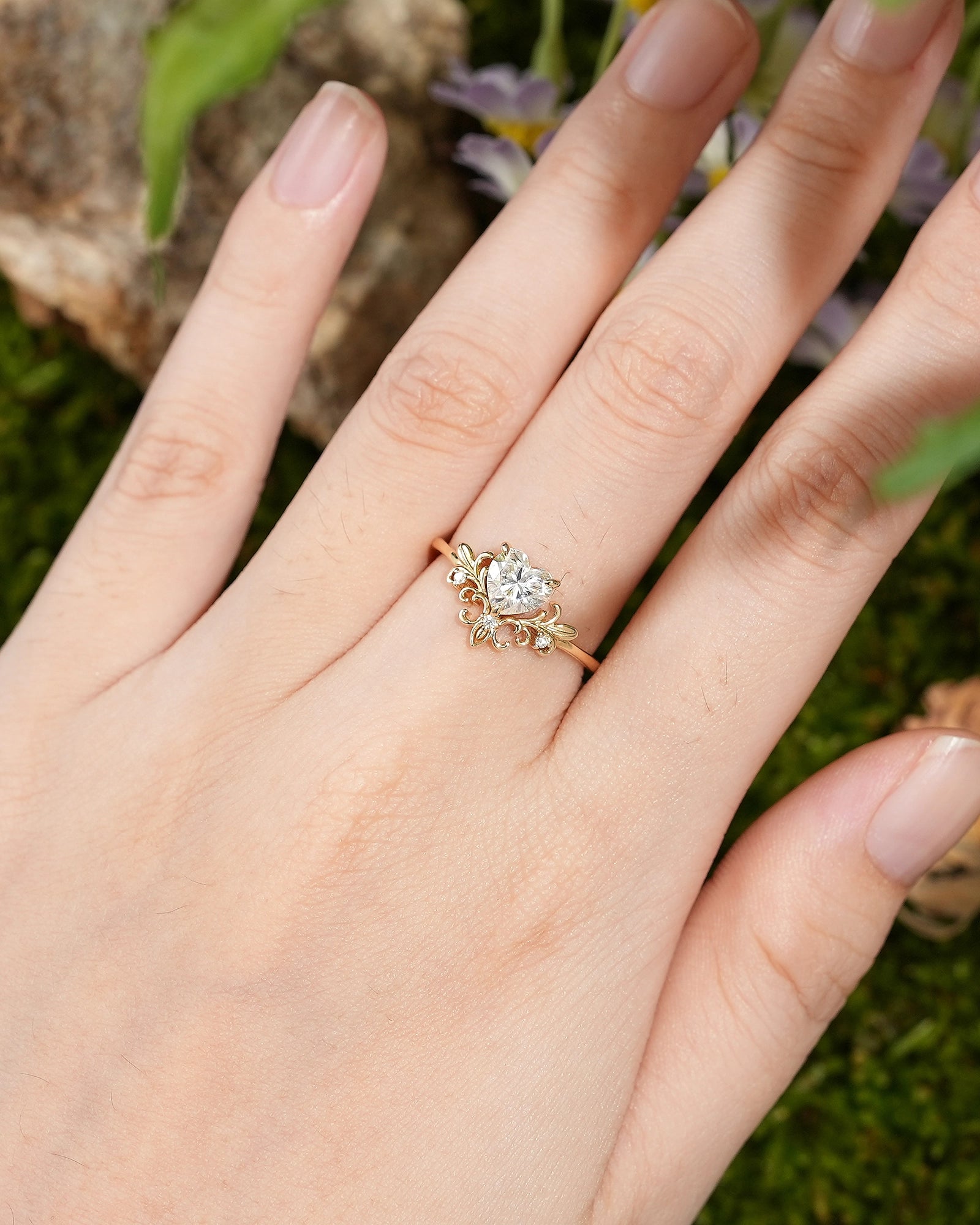 Floral Inspired | Iris Design Heart Cut Moissanite Engagement Ring - LCCjewelry