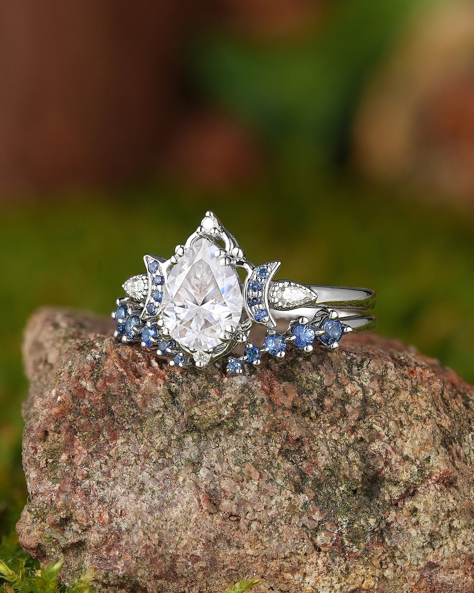 Moon Inspired | 2pcs Moissanite Moon Design Engagement Ring Set - LCCjewelry