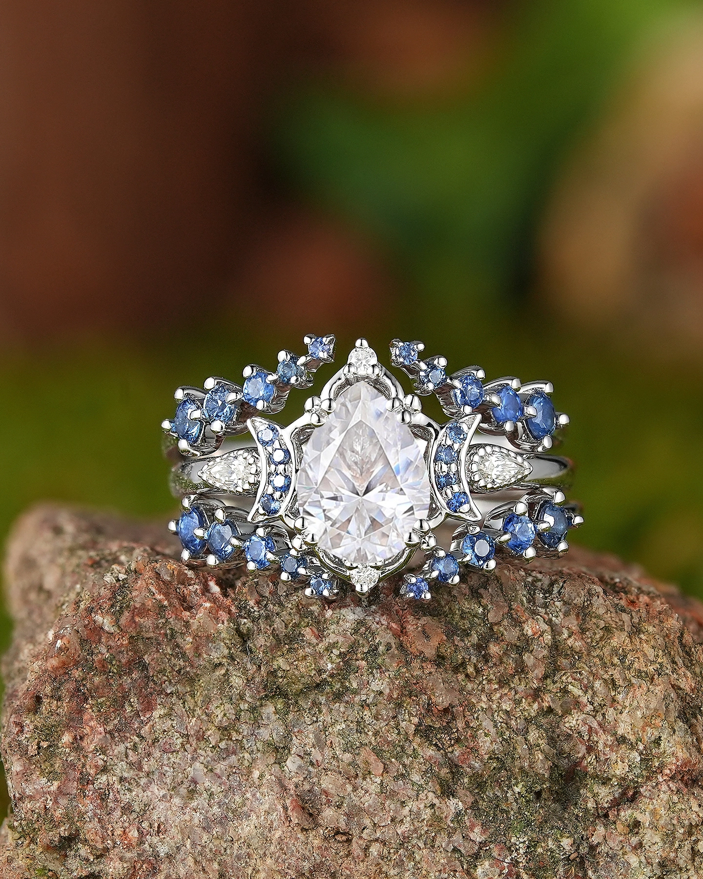 Moon Inspired | 3pcs Moissanite Moon Design Engagement Ring Set - LCCjewelry