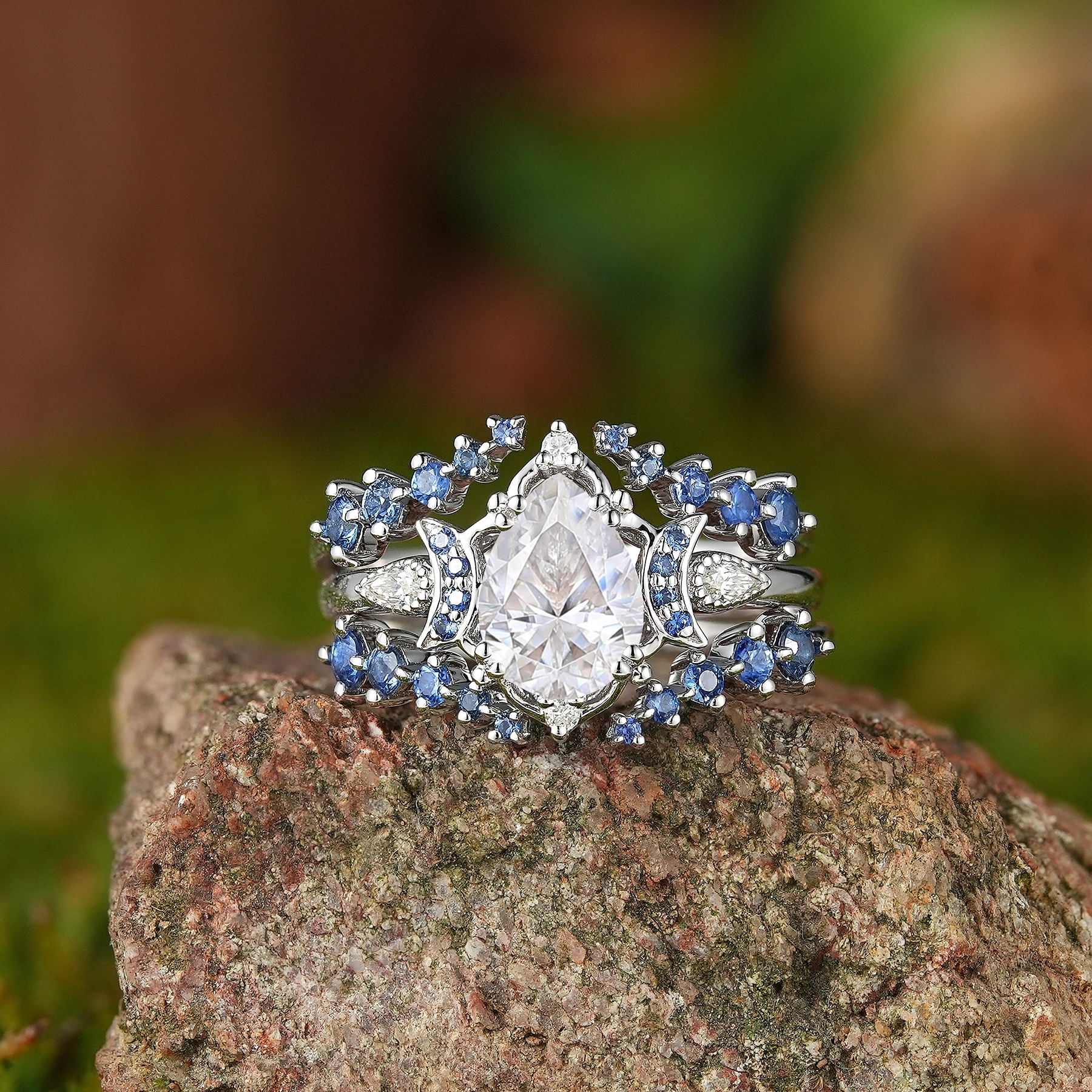 Moon Inspired | 3pcs Moissanite Moon Design Engagement Ring Set - LCCjewelry