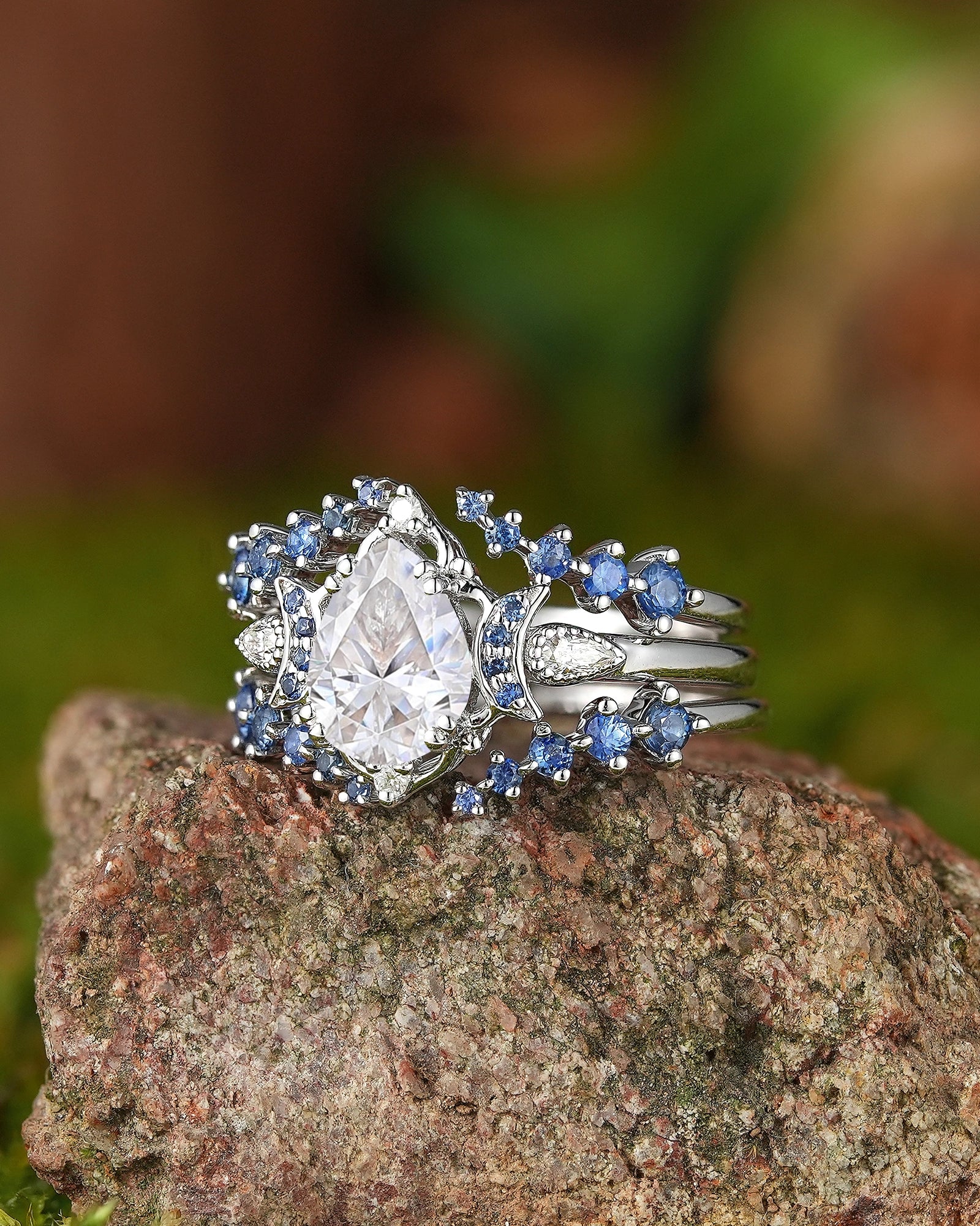 Moon Inspired | 3pcs Moissanite Moon Design Engagement Ring Set - LCCjewelry