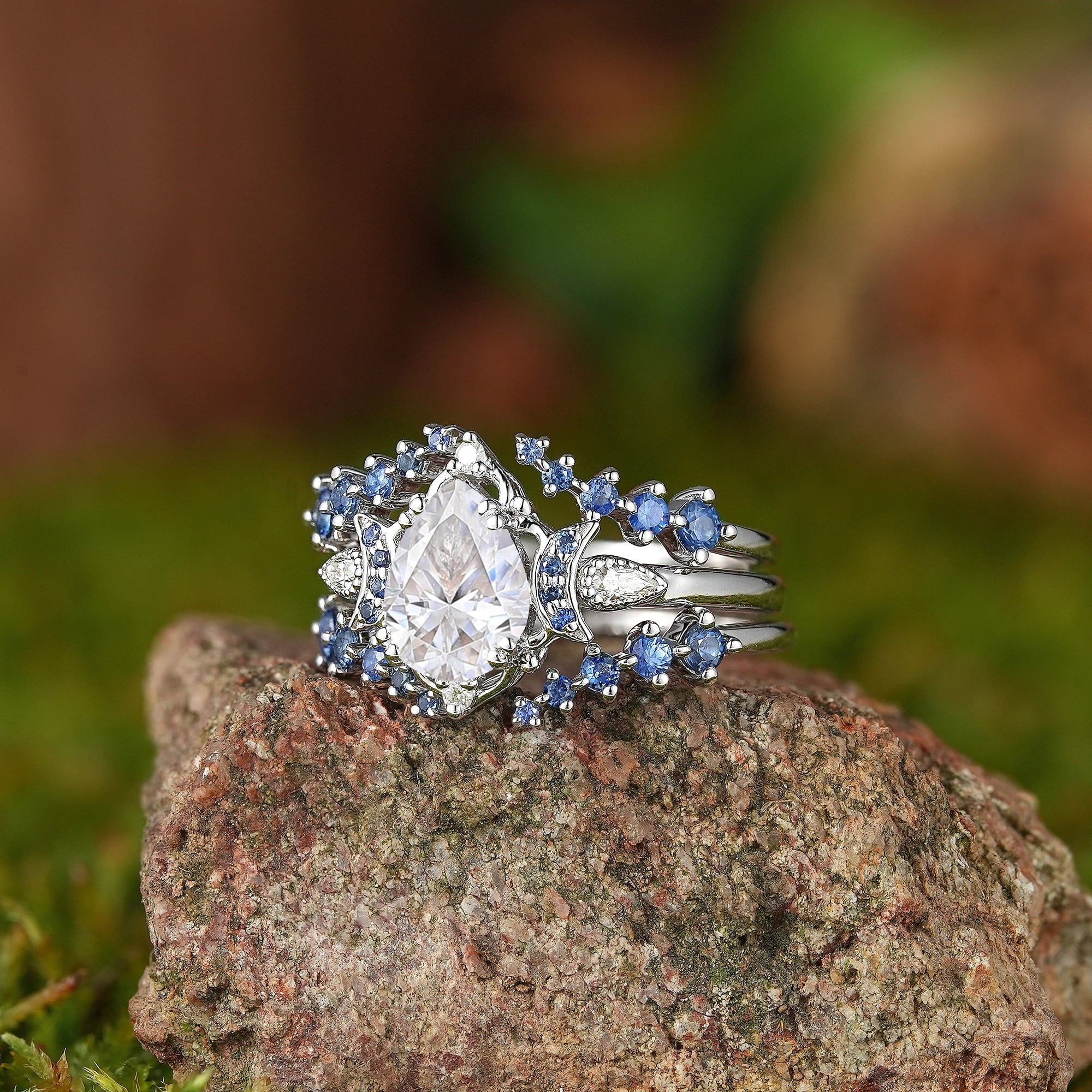 Moon Inspired | 3pcs Moissanite Moon Design Engagement Ring Set - LCCjewelry