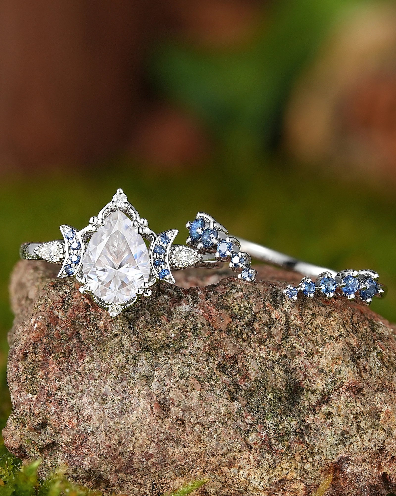 Moon Inspired | 2pcs Moissanite Moon Design Engagement Ring Set - LCCjewelry