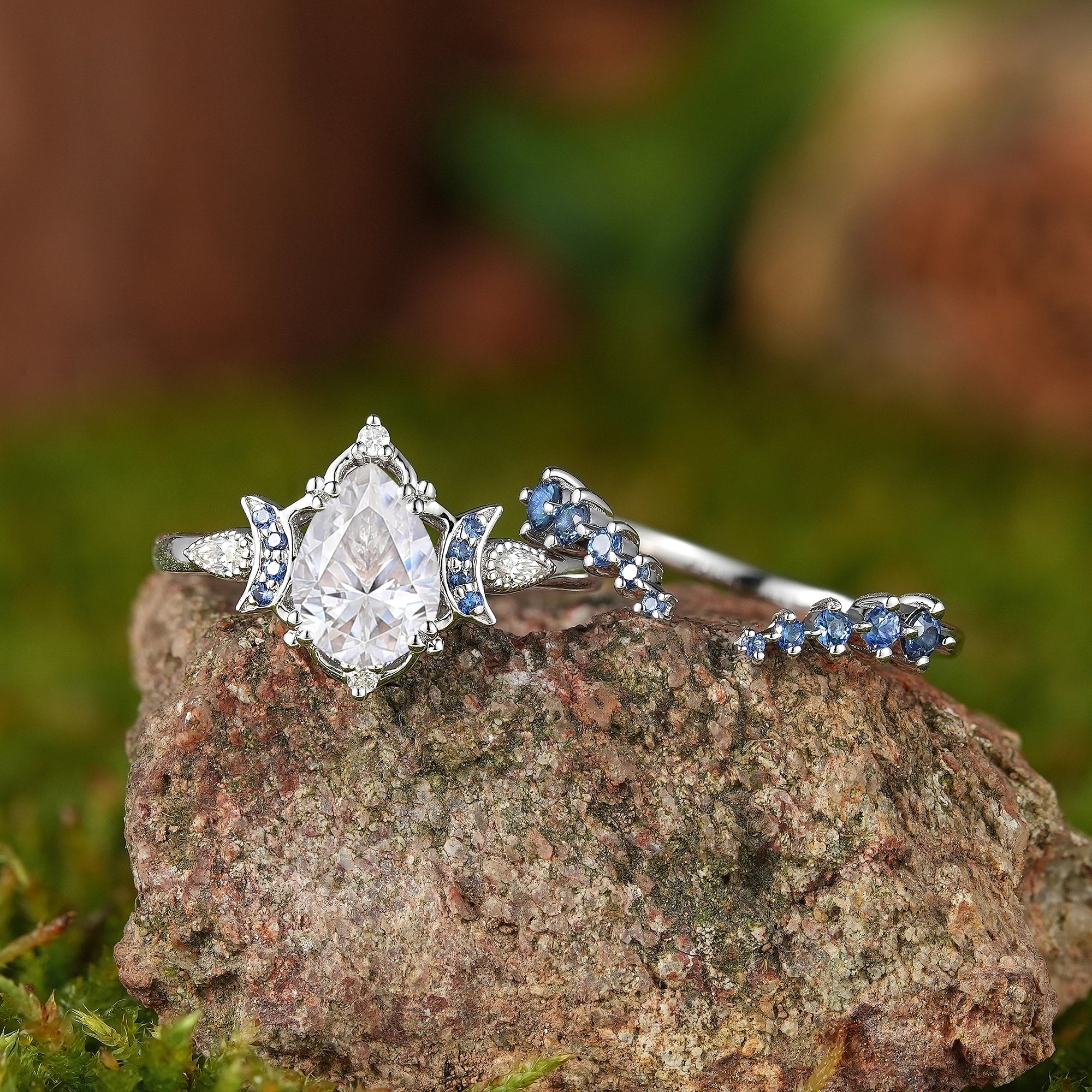 Moon Inspired | 2pcs Moissanite Moon Design Engagement Ring Set - LCCjewelry