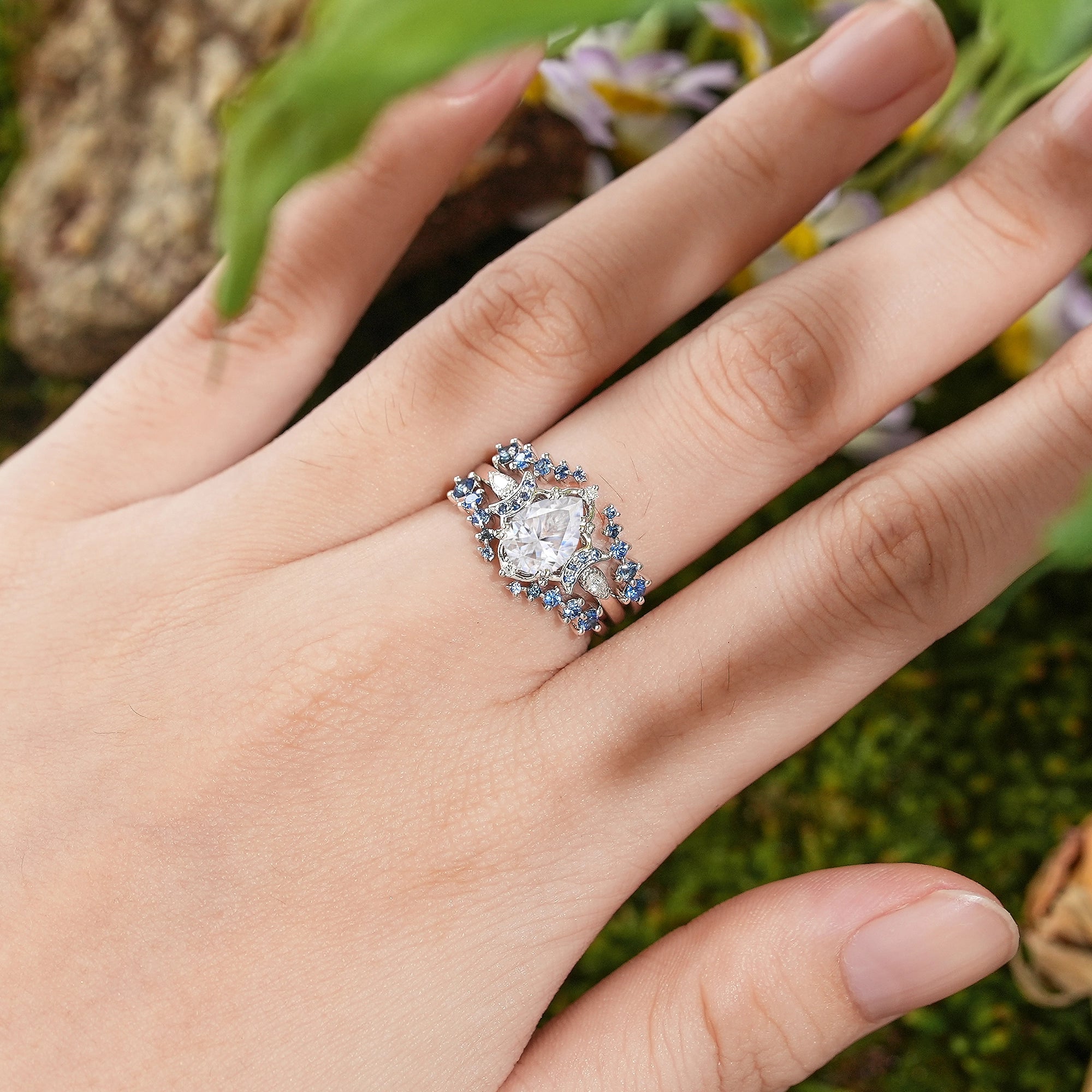 Moon Inspired | 3pcs Moissanite Moon Design Engagement Ring Set - LCCjewelry