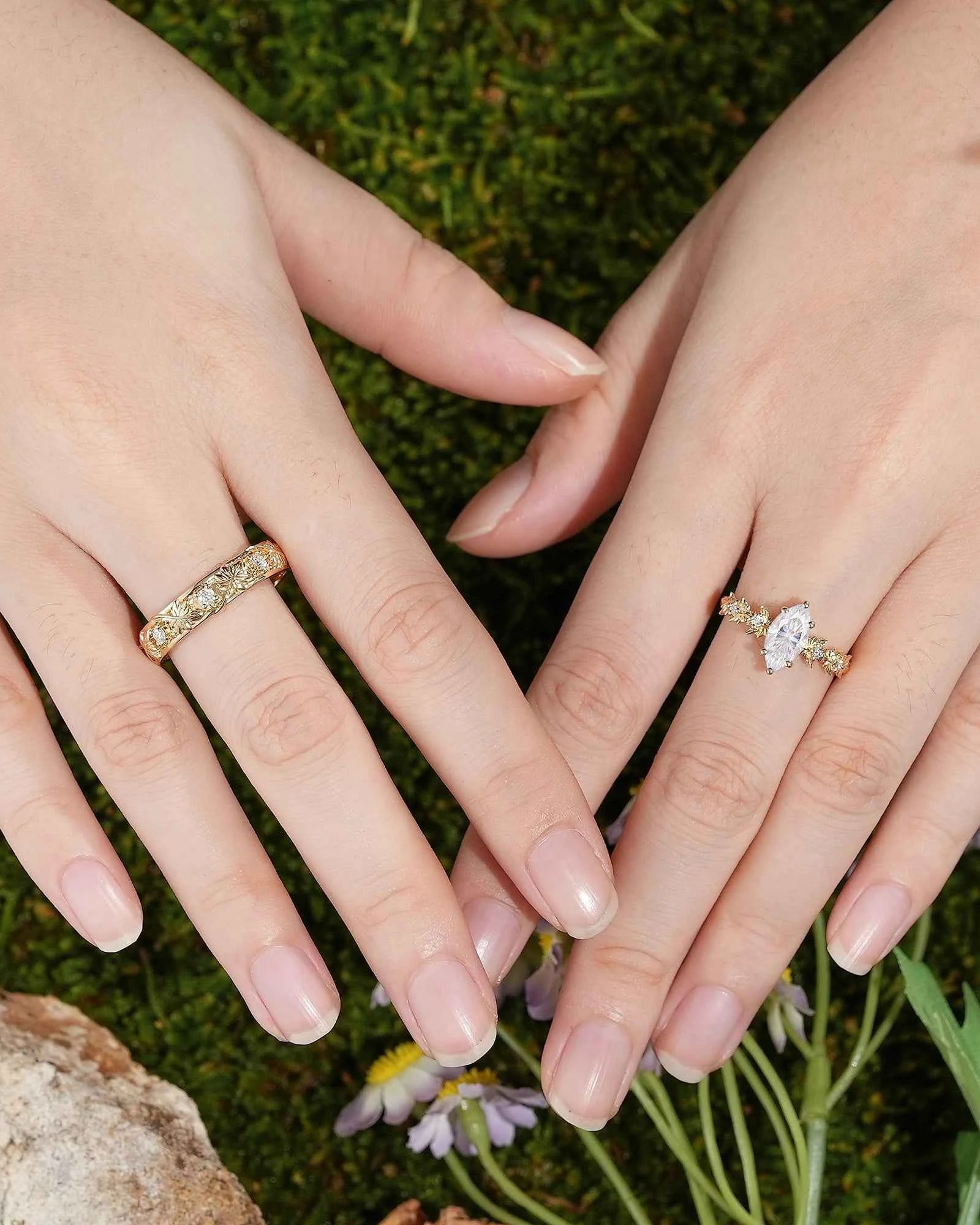 Leaf Inspired| 2pcs Olive Leaf Design Moss Agate Couple Ring Set