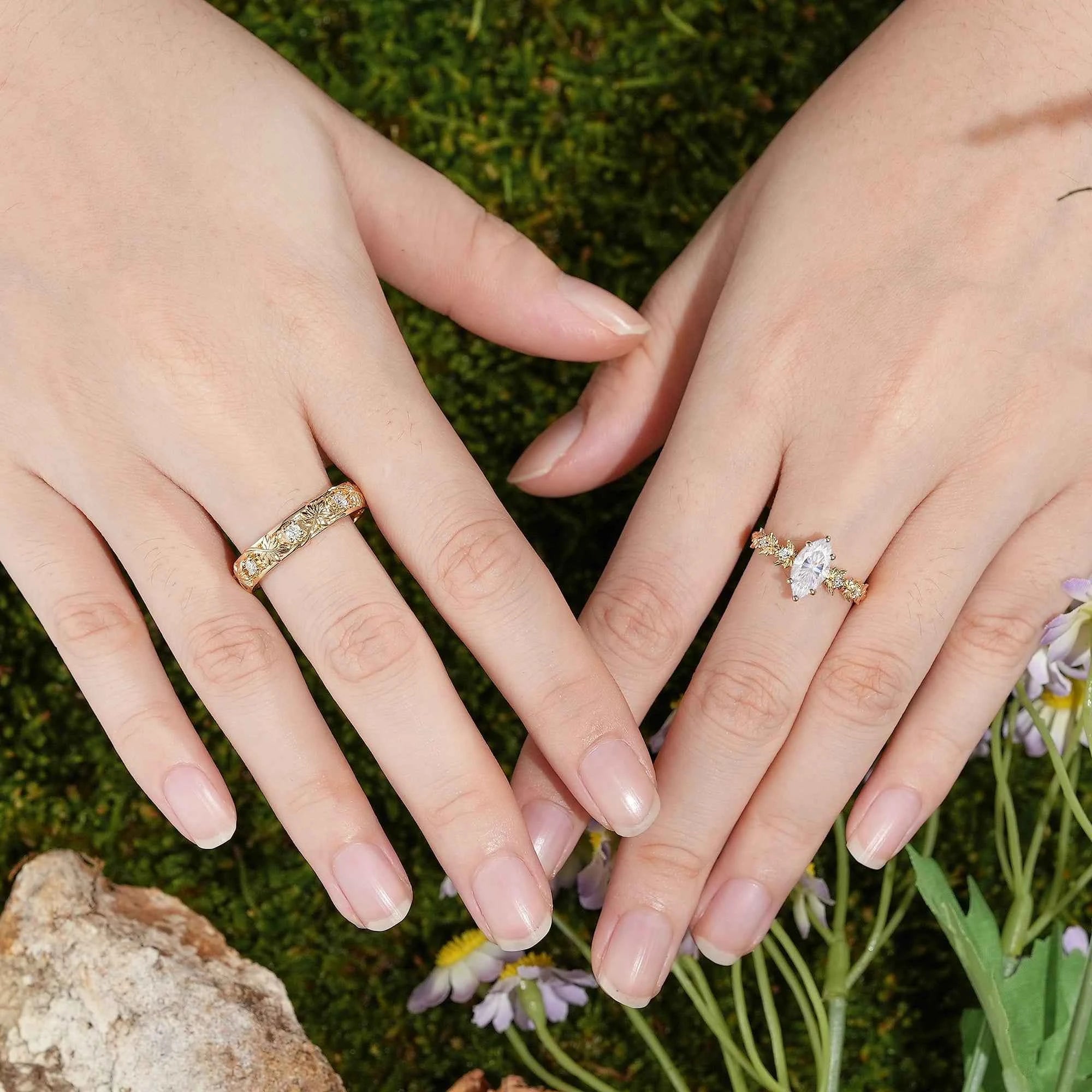 Leaf Inspired| 2pcs Olive Leaf Design Moss Agate Couple Ring Set