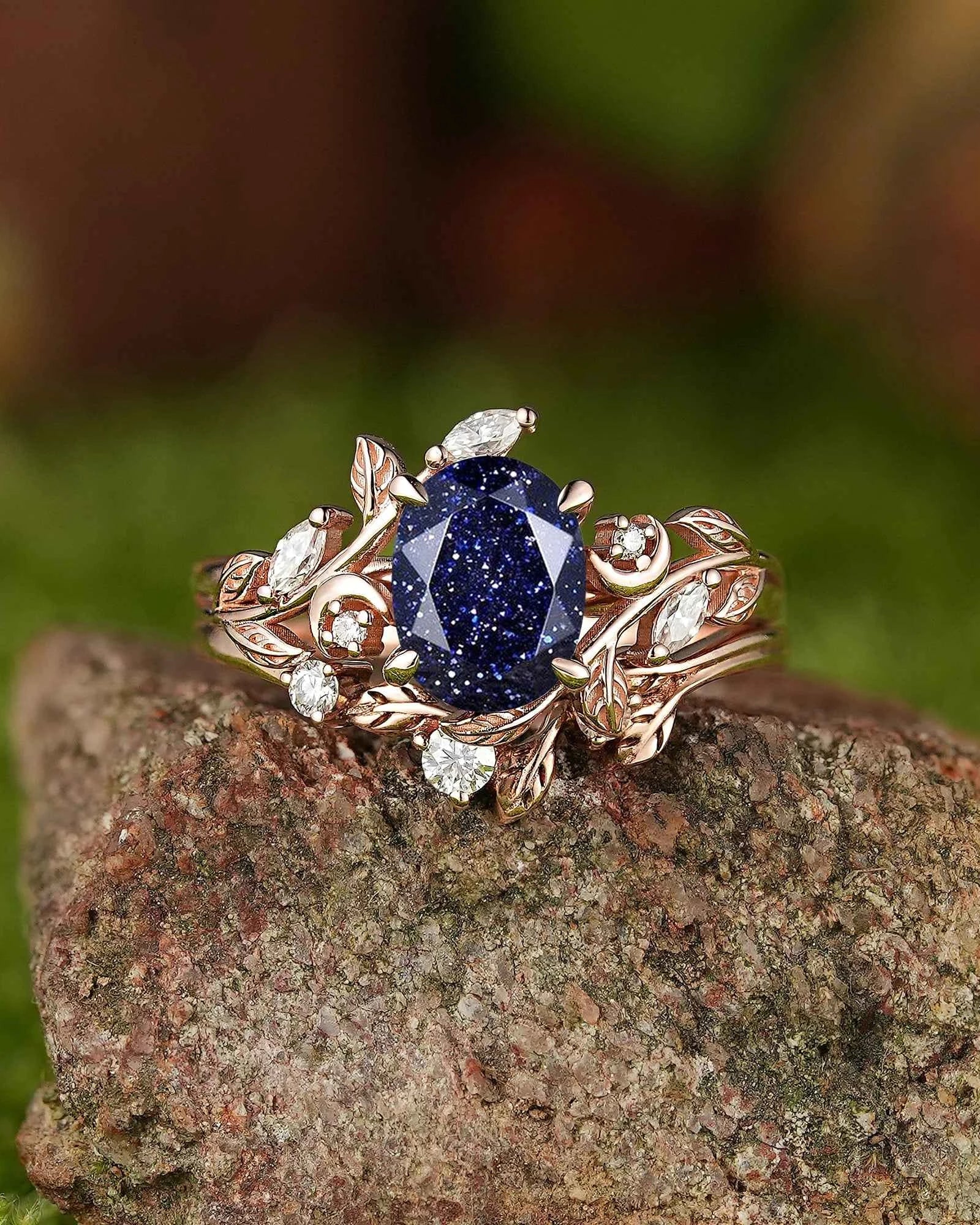 LCCjewelry | Sapphire Leaf and Moon Engagement Ring Set