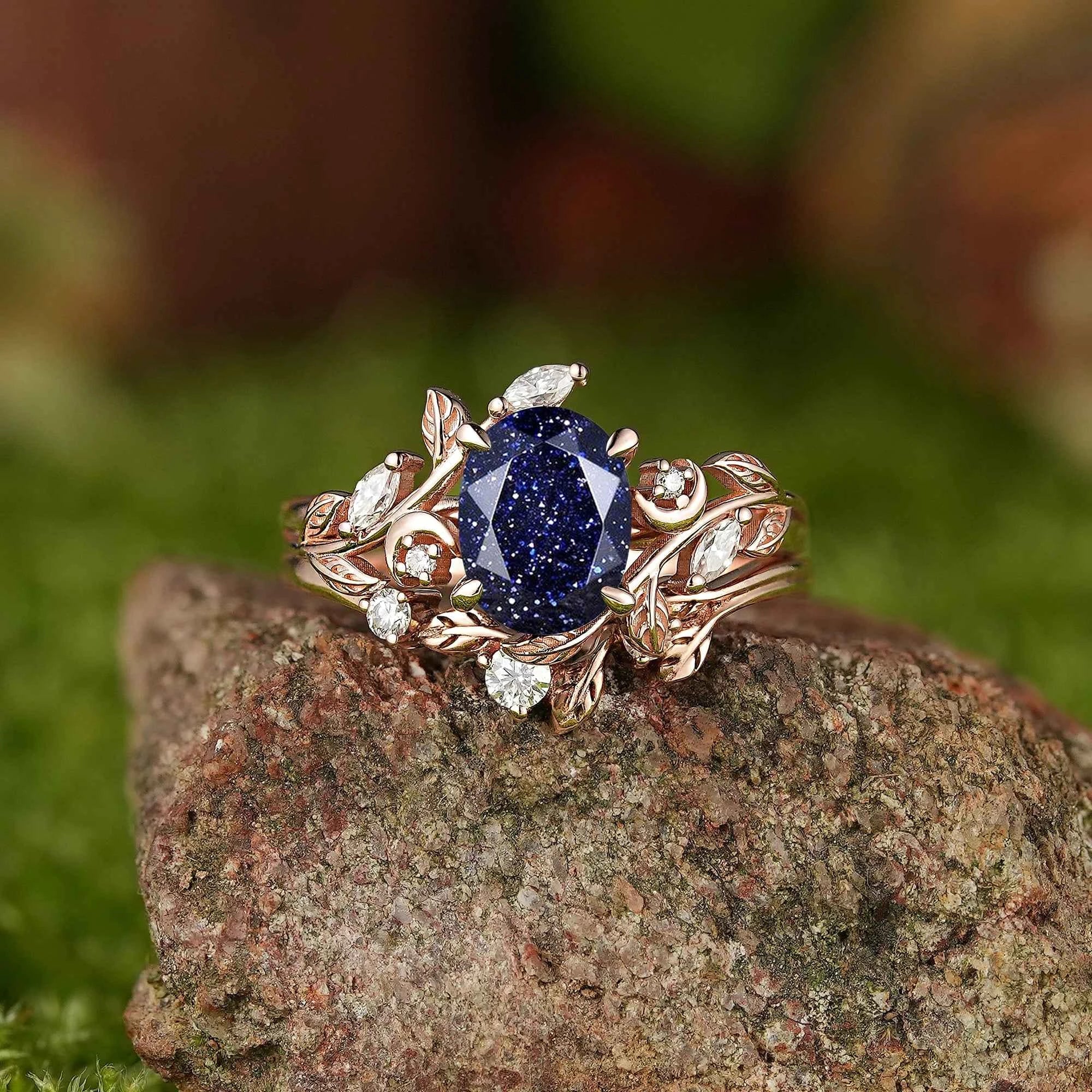 LCCjewelry | Sapphire Leaf and Moon Engagement Ring Set