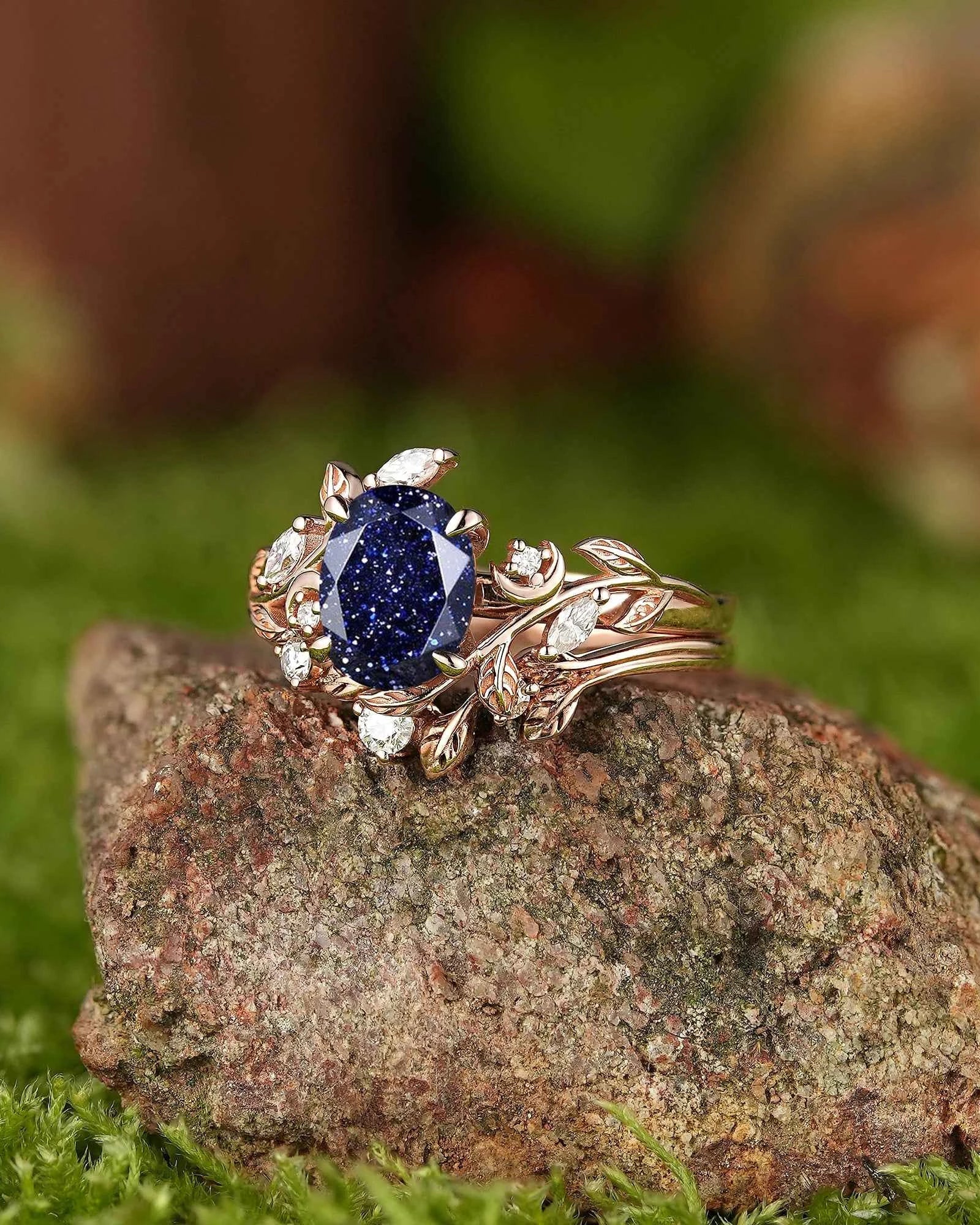 LCCjewelry | Sapphire Leaf and Moon Engagement Ring Set