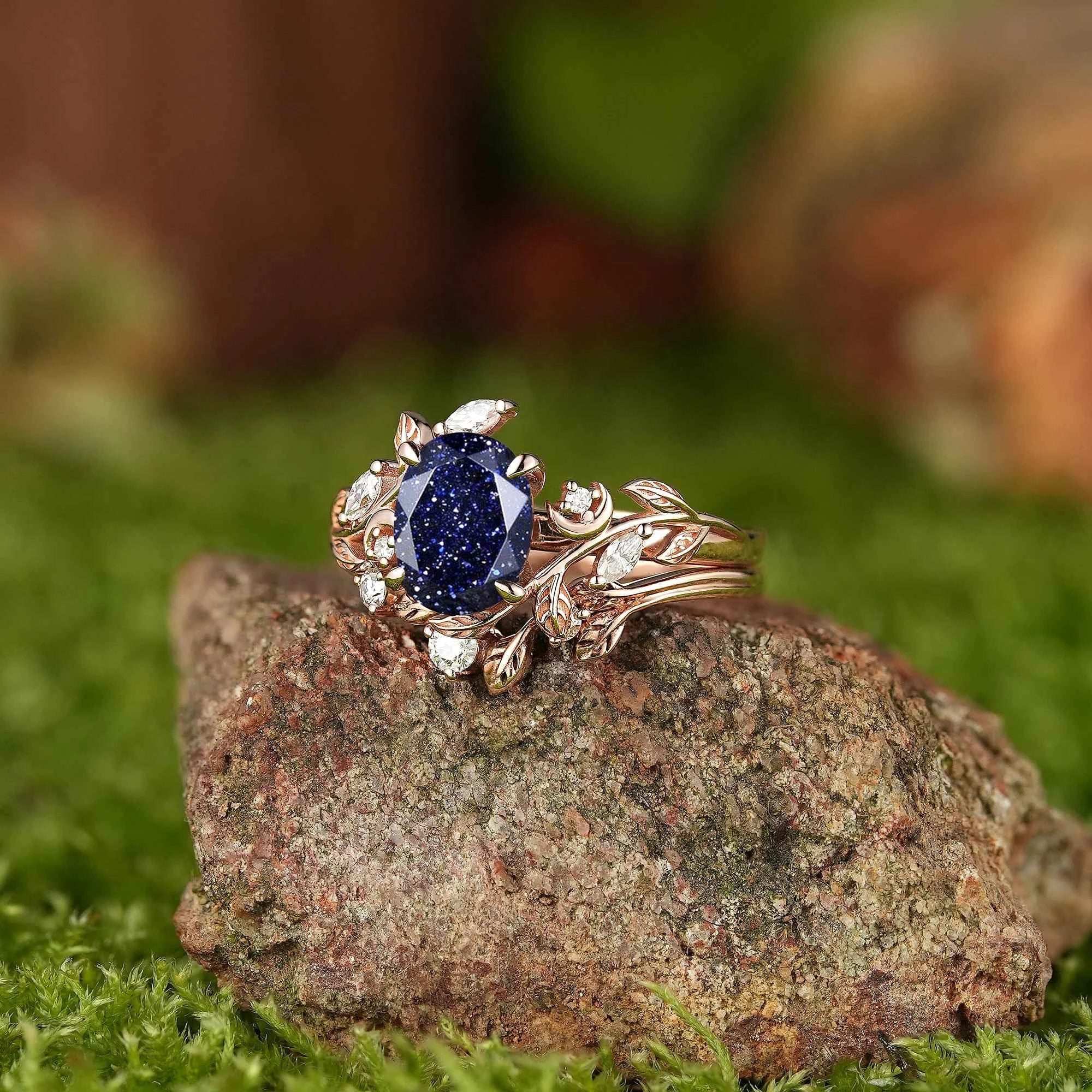 LCCjewelry | Sapphire Leaf and Moon Engagement Ring Set
