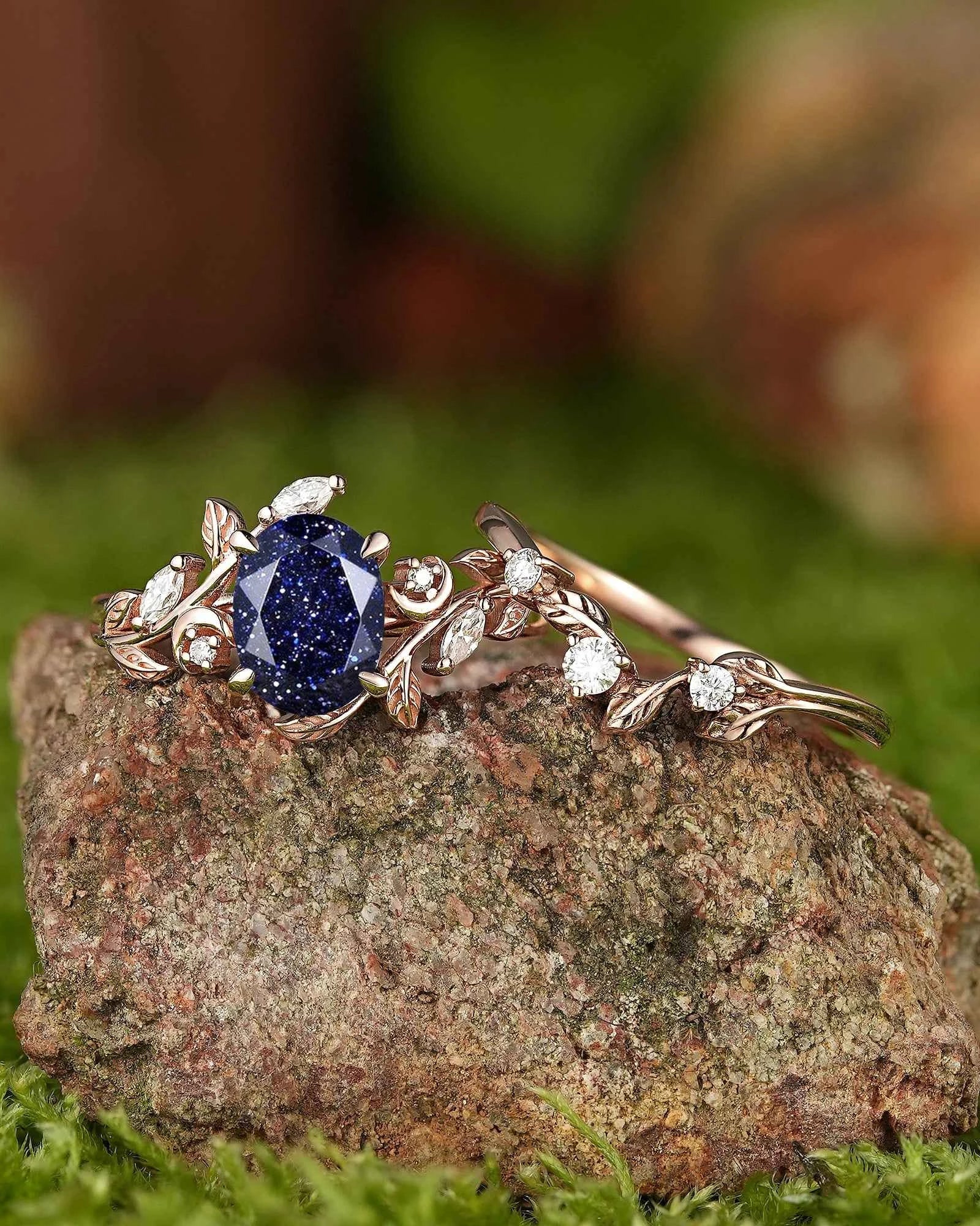 LCCjewelry | Sapphire Leaf and Moon Engagement Ring Set