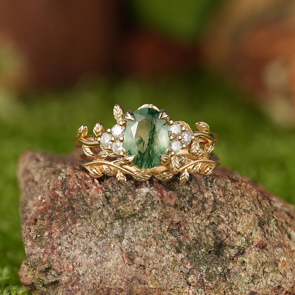 LCCjewelry | Nature Inspired Oval Cut Moss Agate Engagement Ring Set