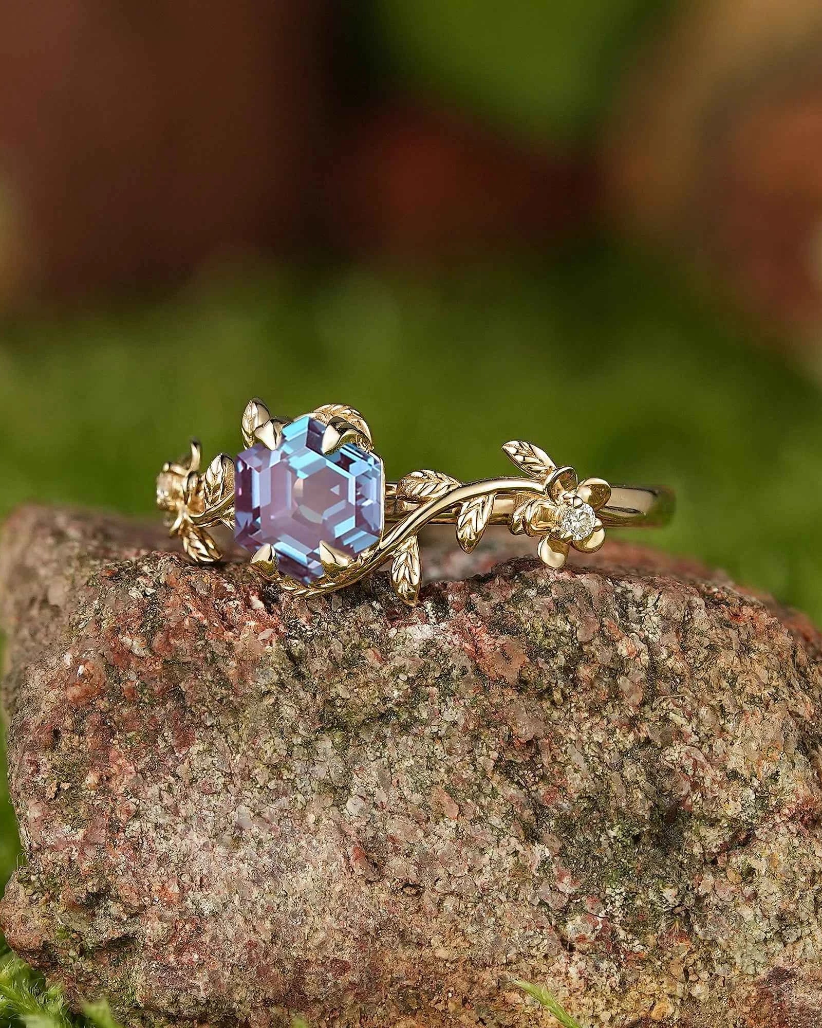 LCCjewelry | Unique Hexagon Alexandrite Leaf Flower Engagement Ring