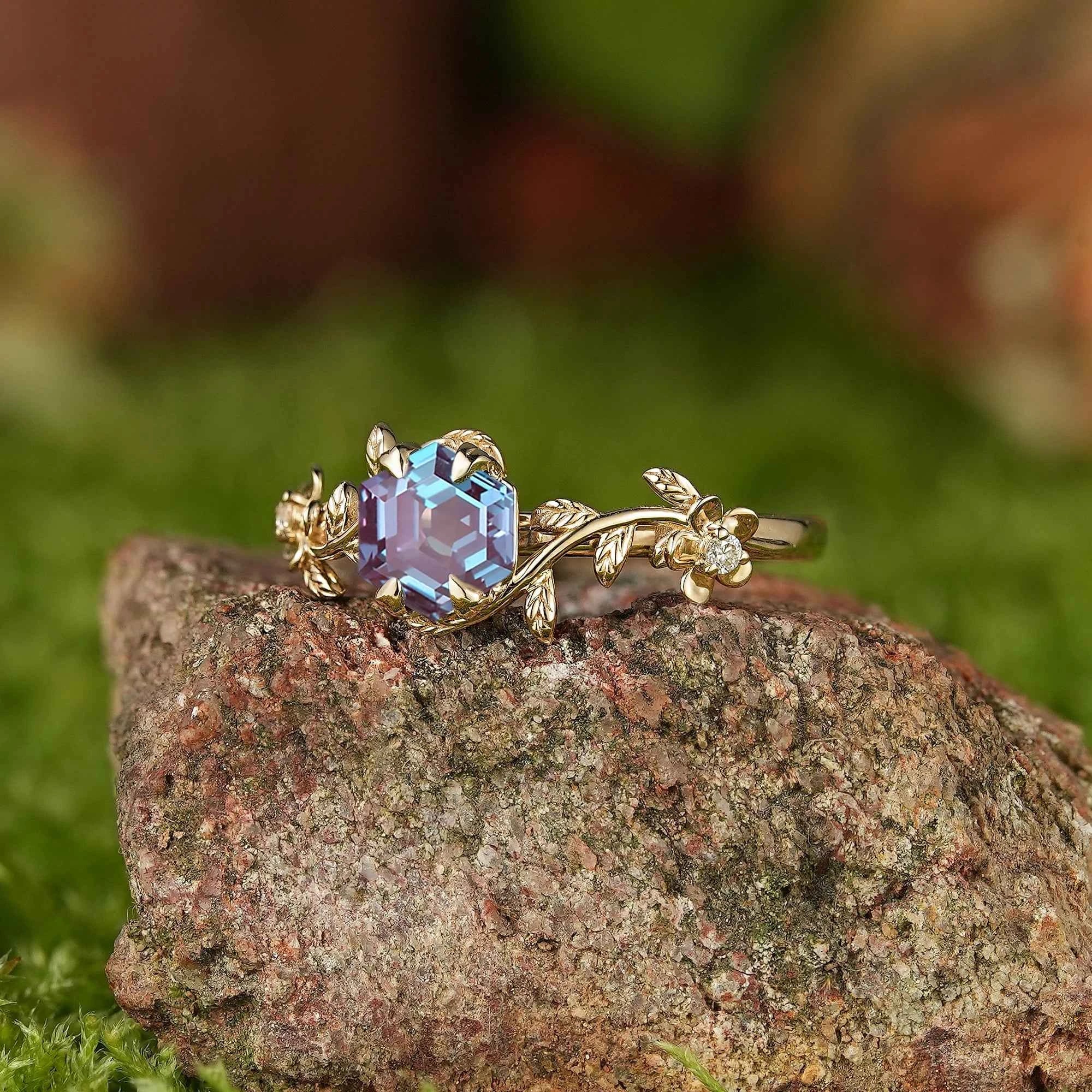 LCCjewelry | Unique Hexagon Alexandrite Leaf Flower Engagement Ring