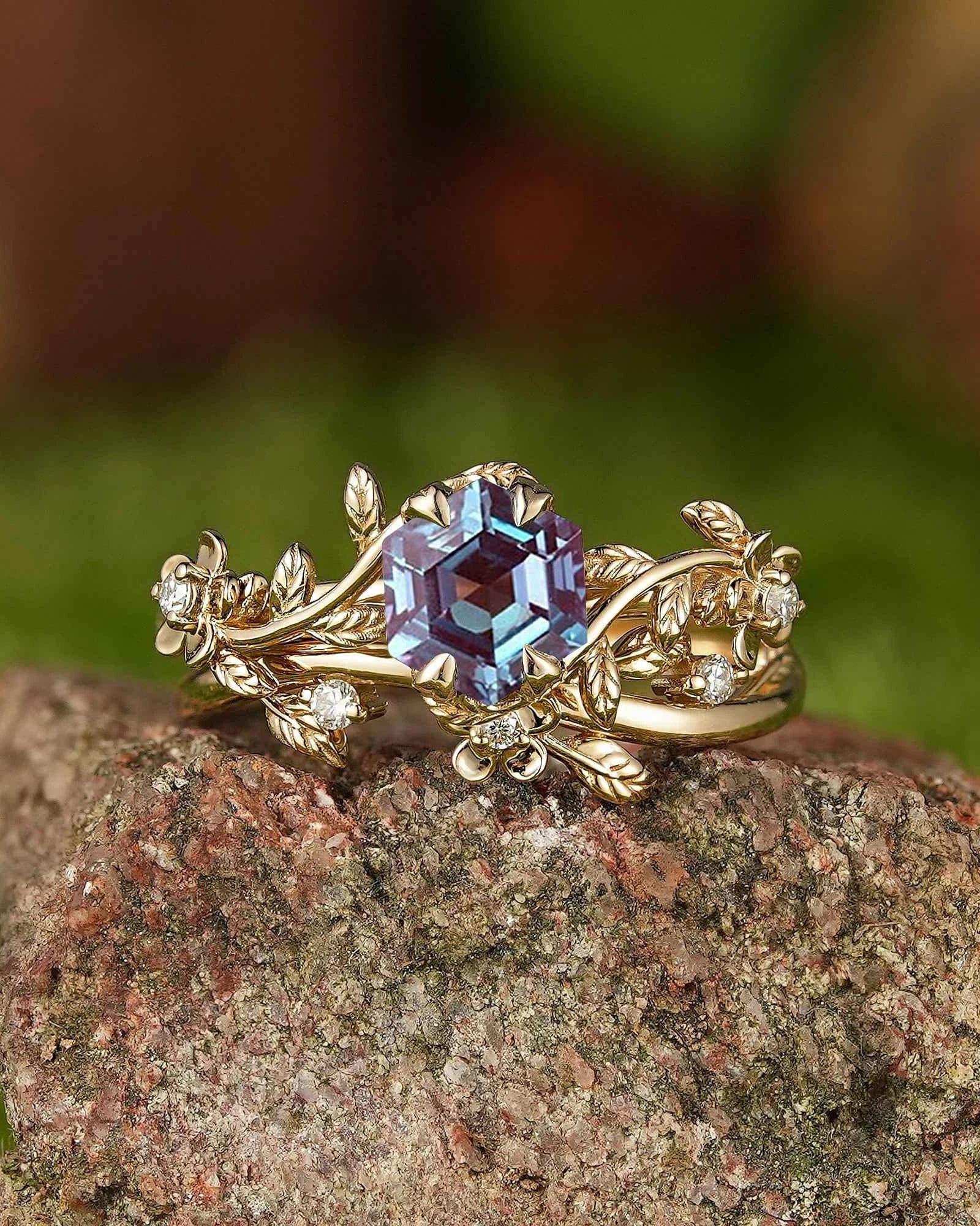 LCCjewelry | Nature Inspired Leaf Floral Alexandrite Wedding Ring Set