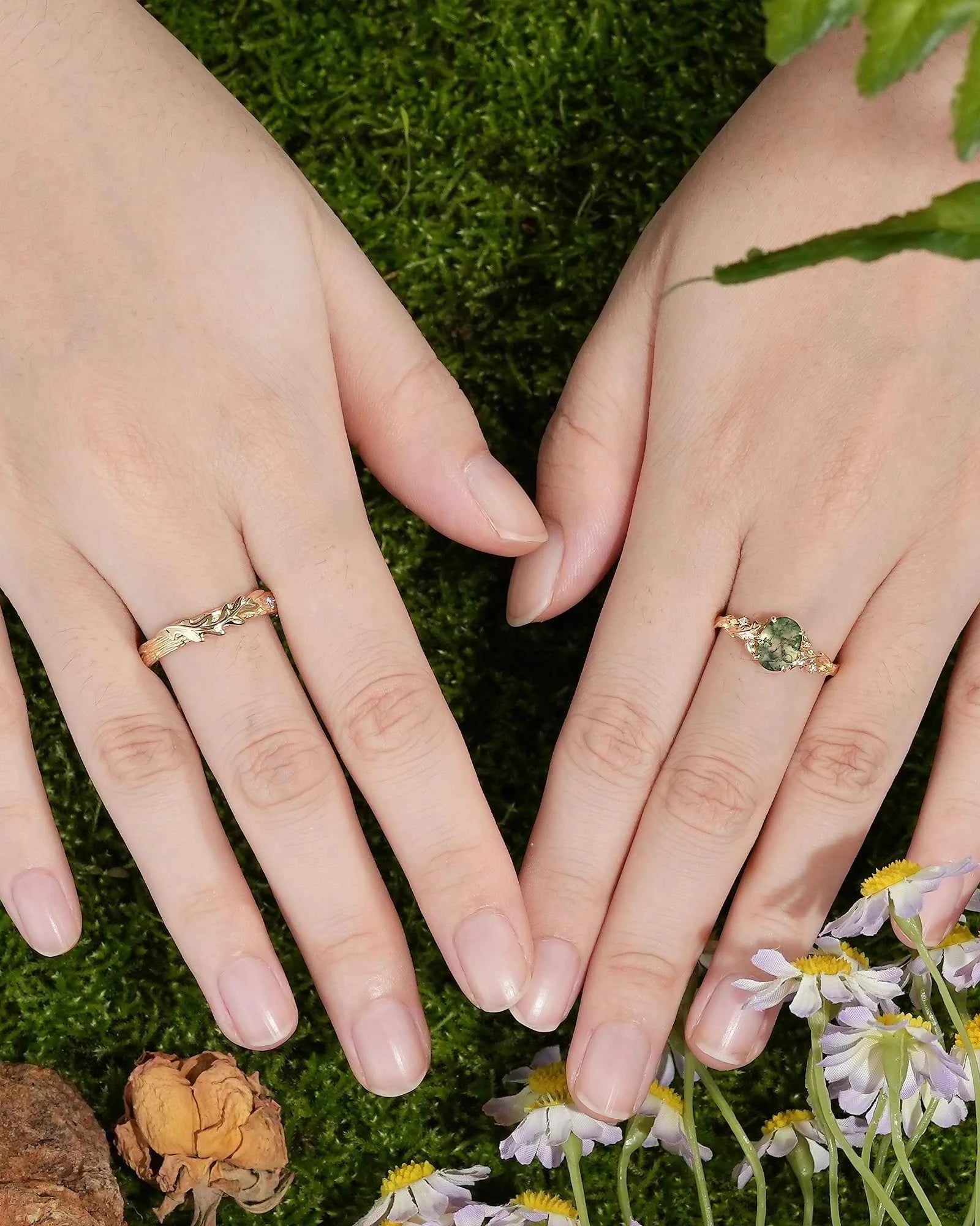 Leaf Inspired| 2pcs Oak Leaf Design Moss Agate Couple Ring Set