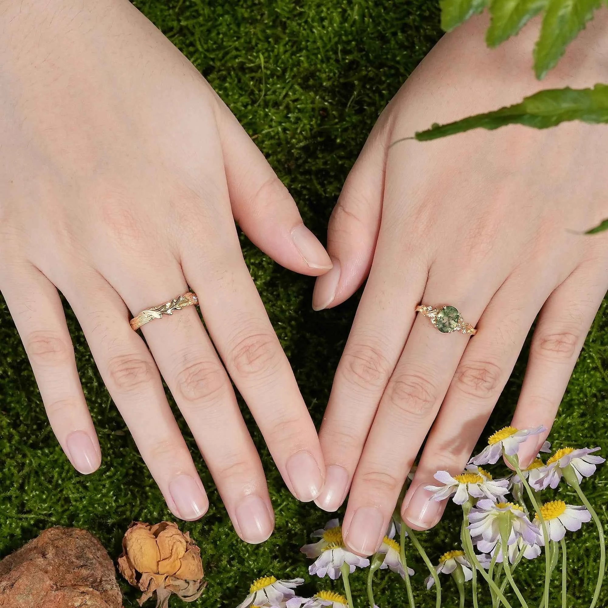 Leaf Inspired| 2pcs Oak Leaf Design Moss Agate Couple Ring Set