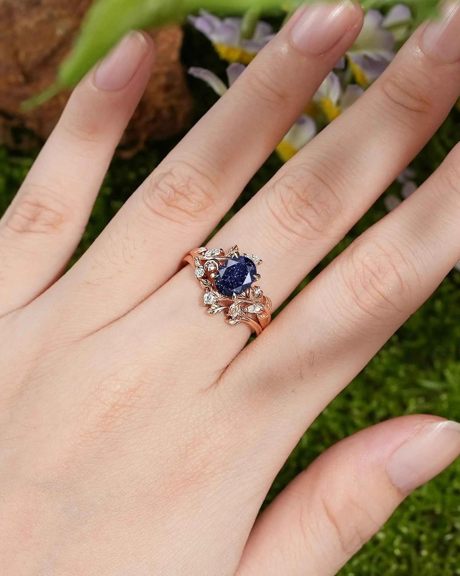 LCCjewelry | Sapphire Leaf and Moon Engagement Ring Set
