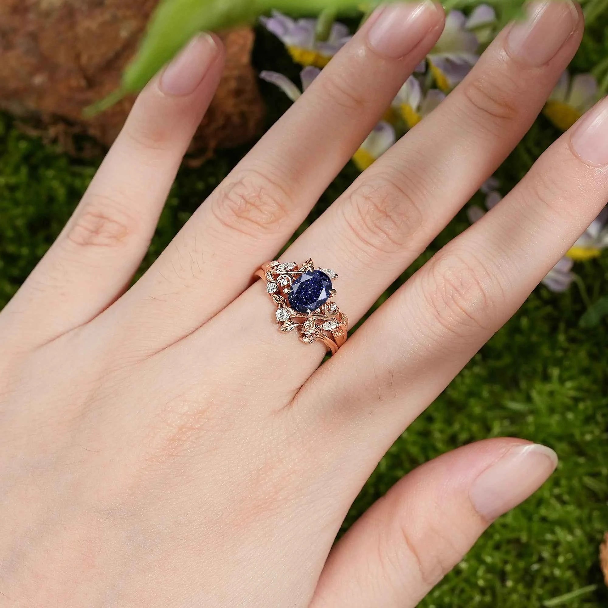 LCCjewelry | Sapphire Leaf and Moon Engagement Ring Set