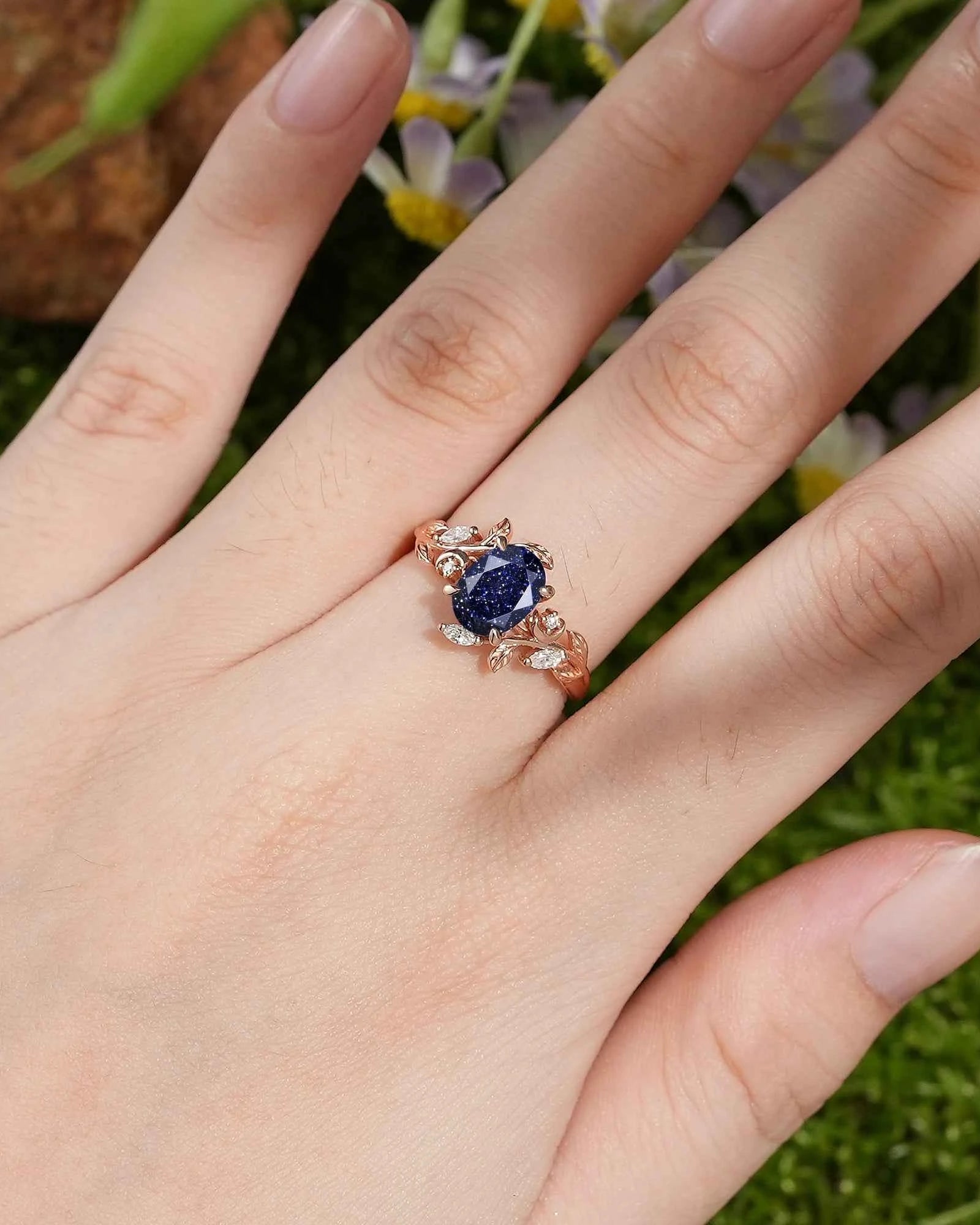 LCCjewelry | Sapphire Leaf and Moon Engagement Ring