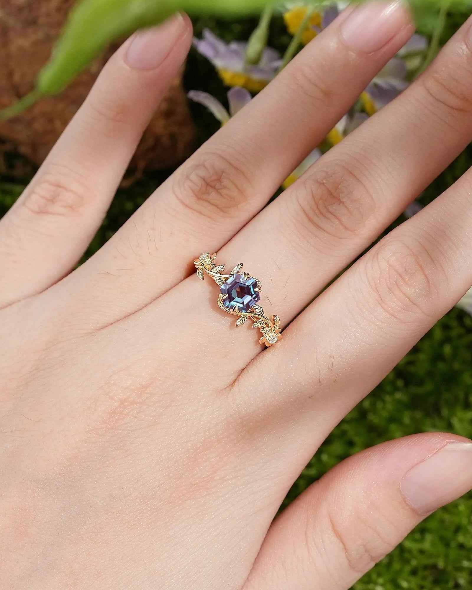 LCCjewelry | Unique Hexagon Alexandrite Leaf Flower Engagement Ring