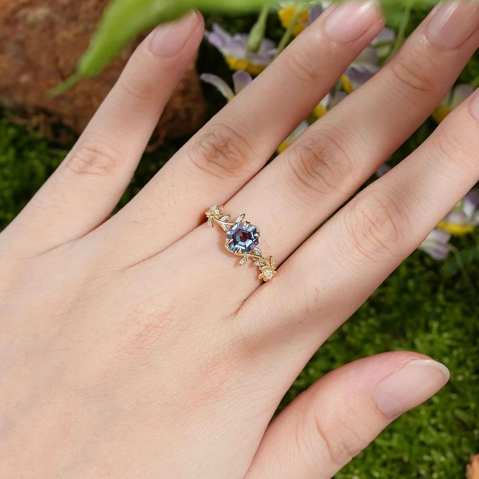 LCCjewelry | Unique Hexagon Alexandrite Leaf Flower Engagement Ring