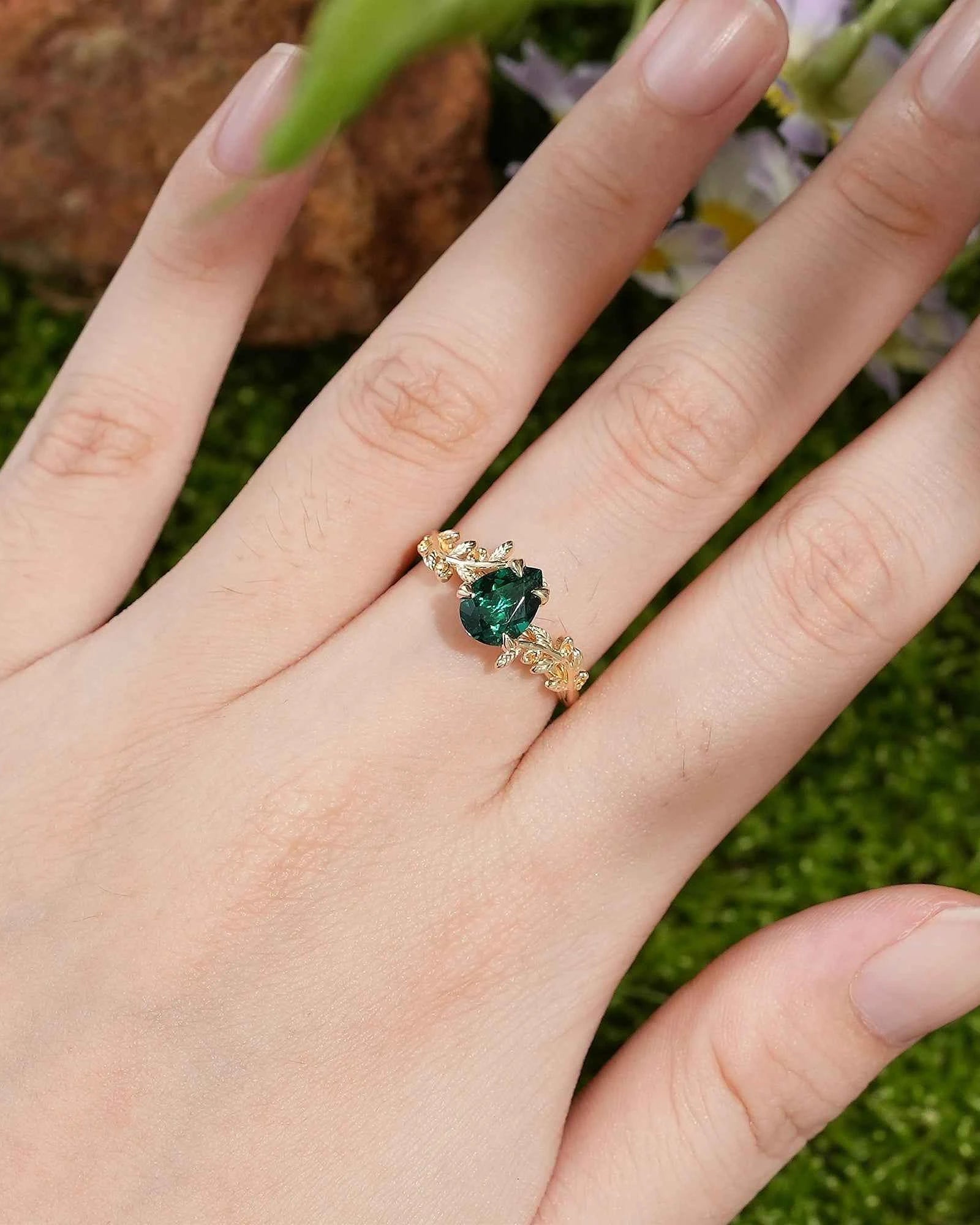 LCCjewelry | Leaf Inspired Pear Cut Emerald Engagement Ring