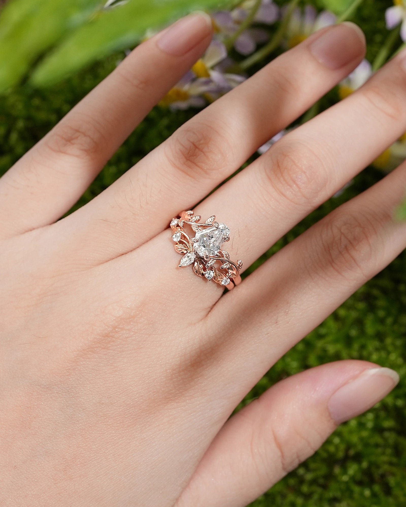 LCCjewelry | Unique coffin cut moissanite engagement ring set 2pcs - LCCjewelry