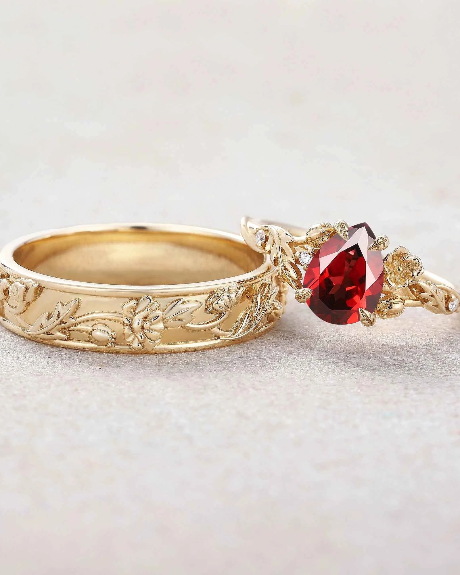 Floral Inspired | 2pcs Poppy Design Ruby Couple Rings Set