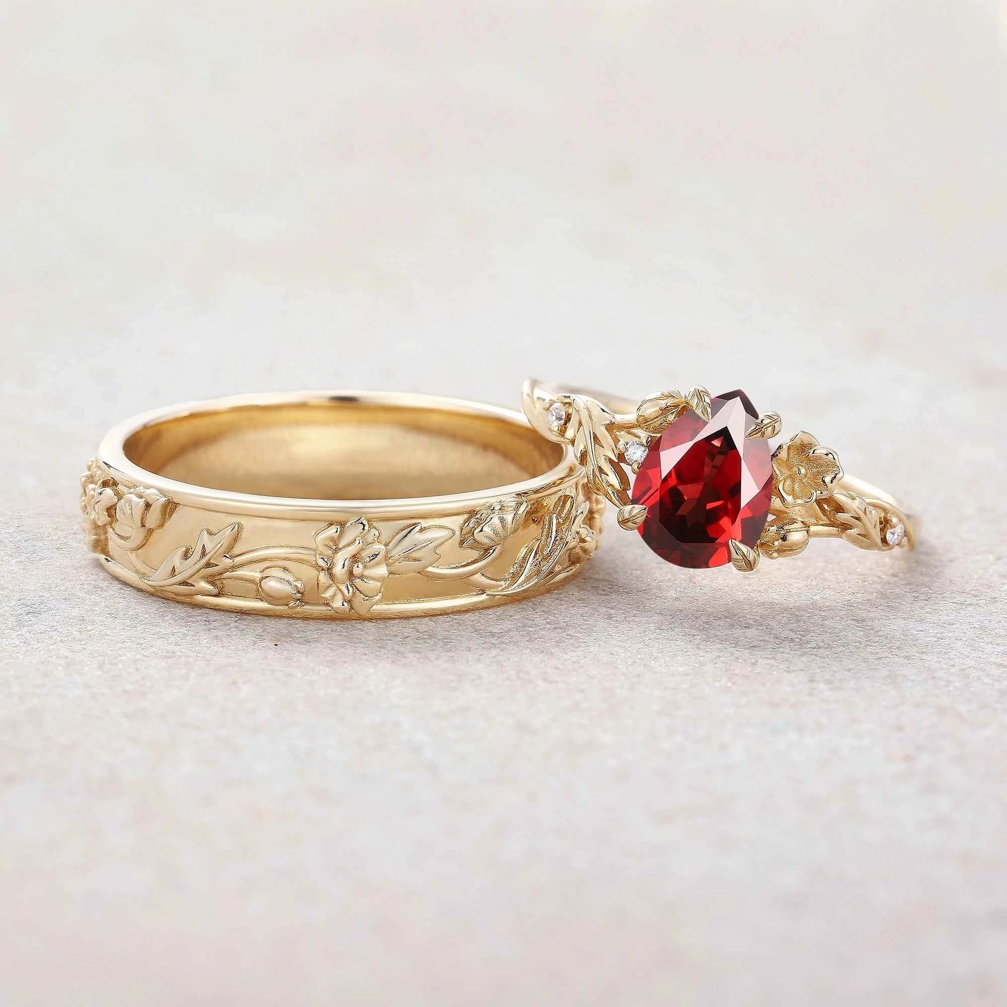 Floral Inspired | 2pcs Poppy Design Ruby Couple Rings Set