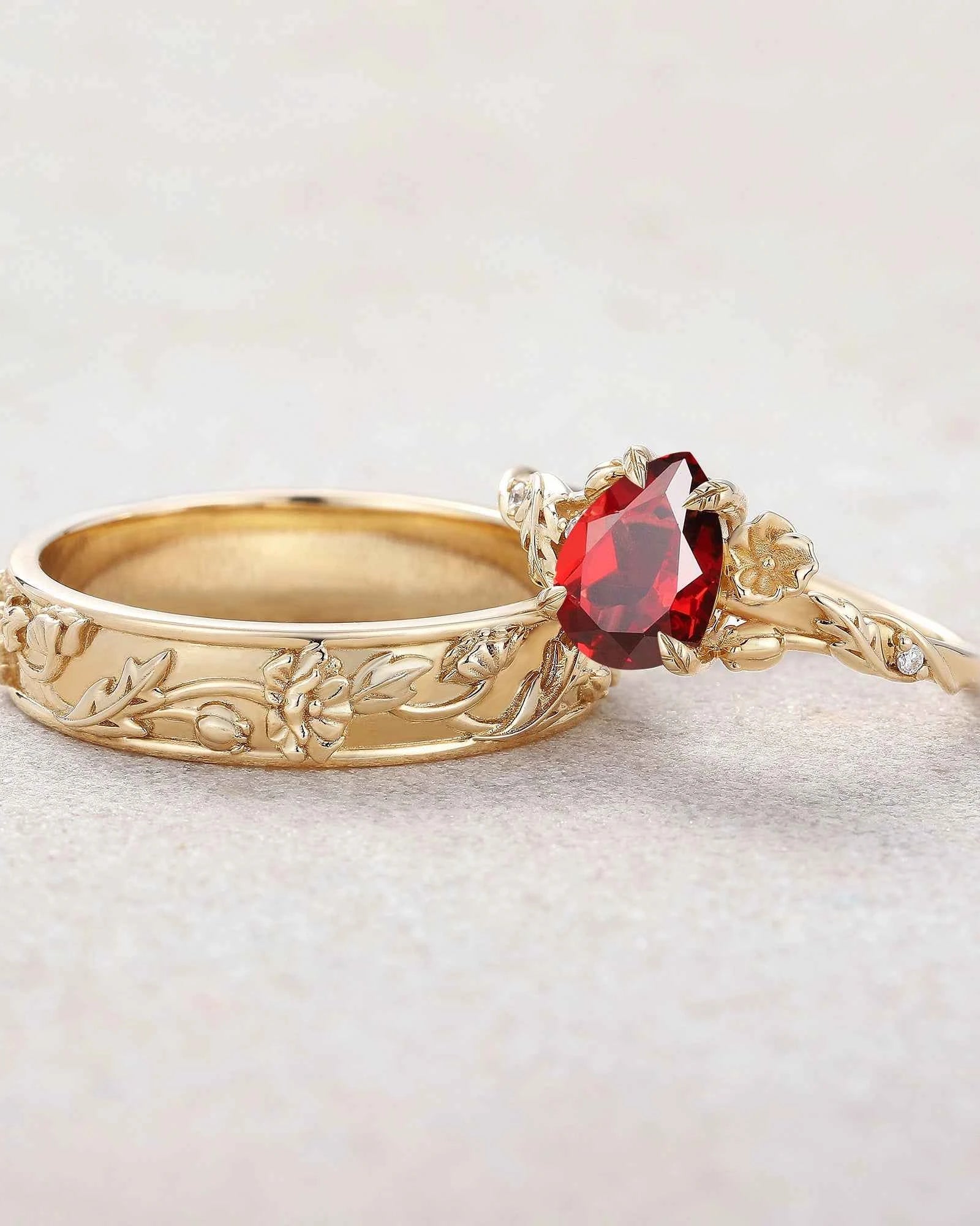 Floral Inspired | 2pcs Poppy Design Ruby Couple Rings Set