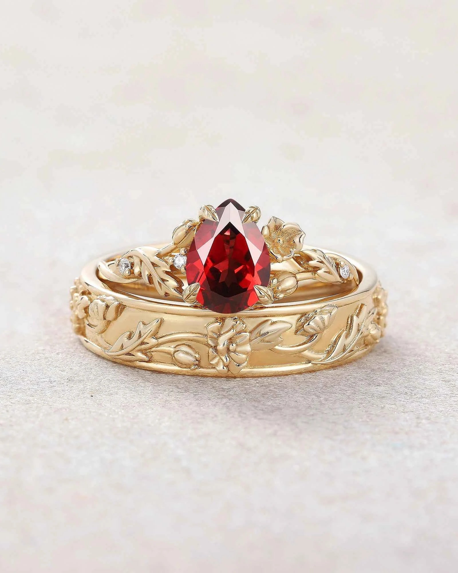 Floral Inspired | 2pcs Poppy Design Ruby Couple Rings Set