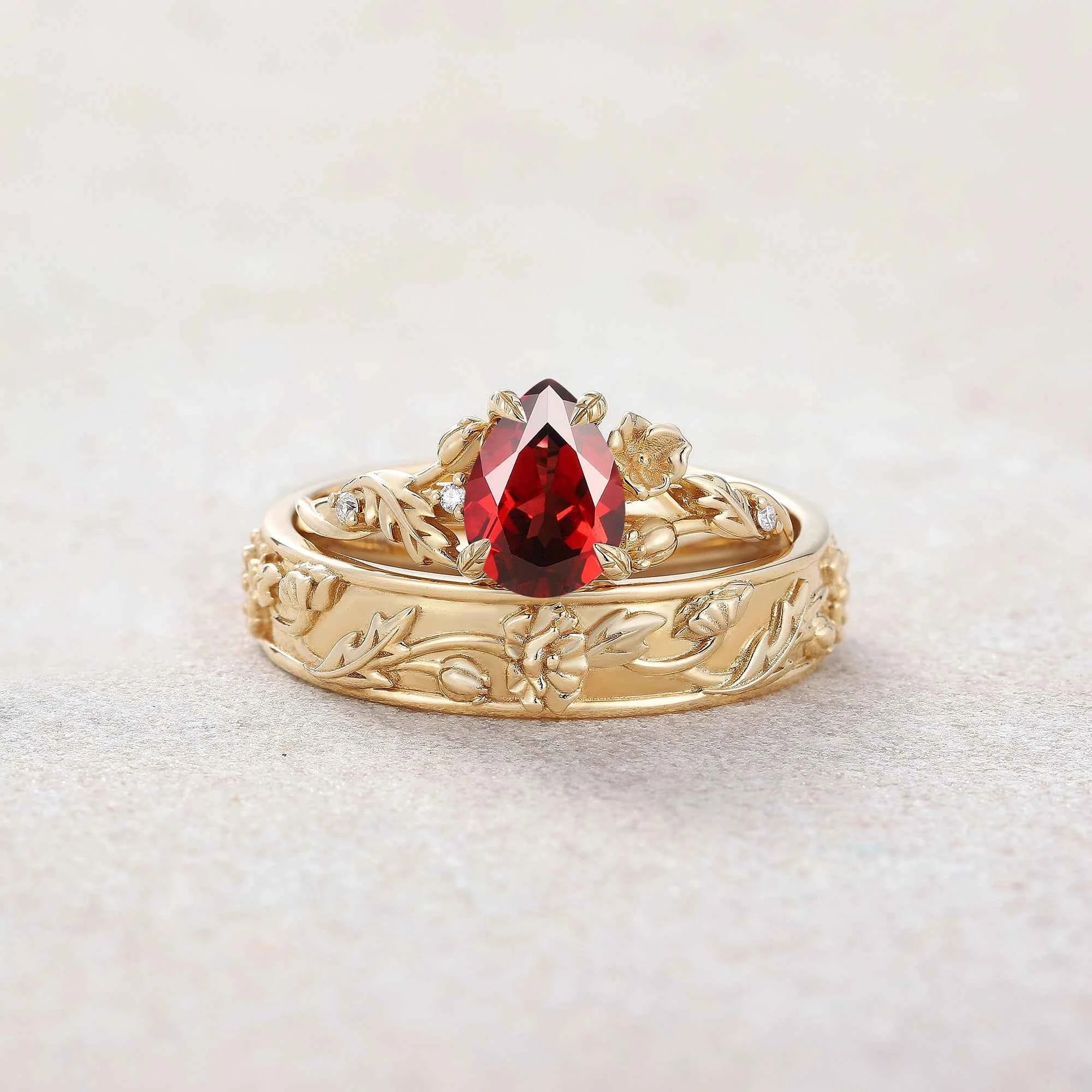 Floral Inspired | 2pcs Poppy Design Ruby Couple Rings Set