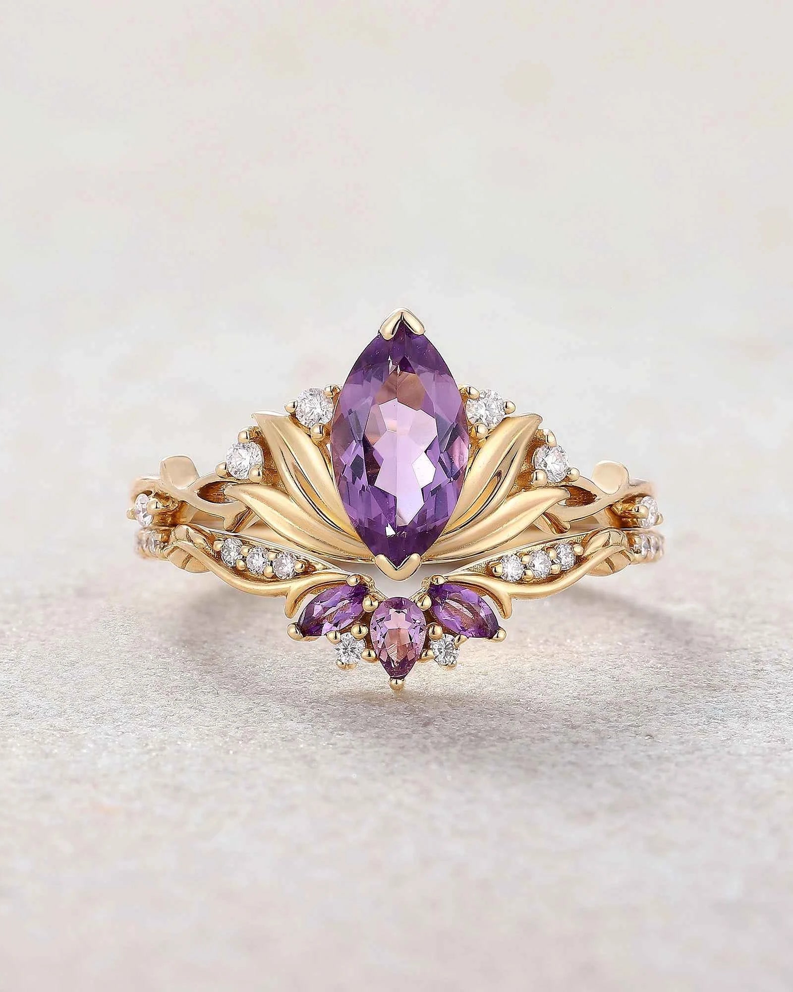 Floral Inspired | Amethyst Water Lily Engagement Ring Set