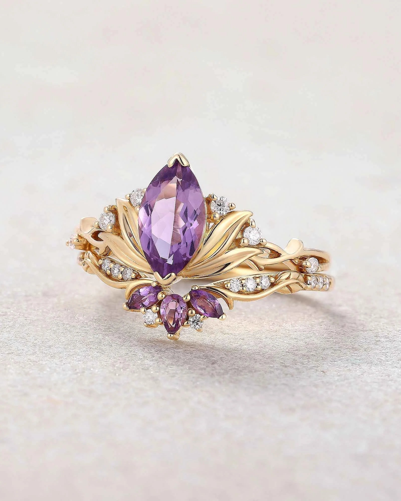 Floral Inspired | Amethyst Water Lily Engagement Ring Set