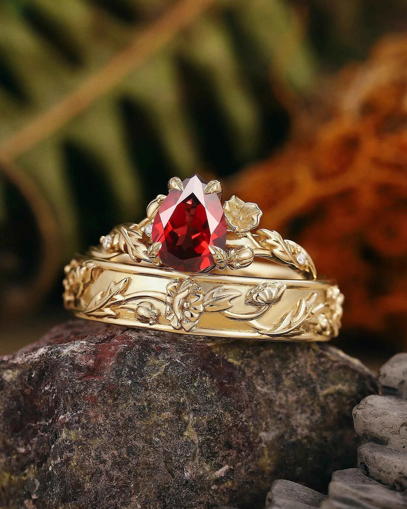 Floral Inspired | 2pcs Poppy Design Ruby Couple Rings Set