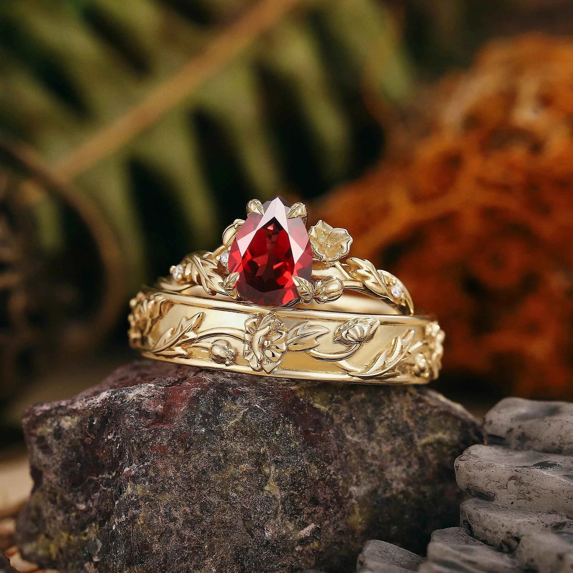 Floral Inspired | 2pcs Poppy Design Ruby Couple Rings Set