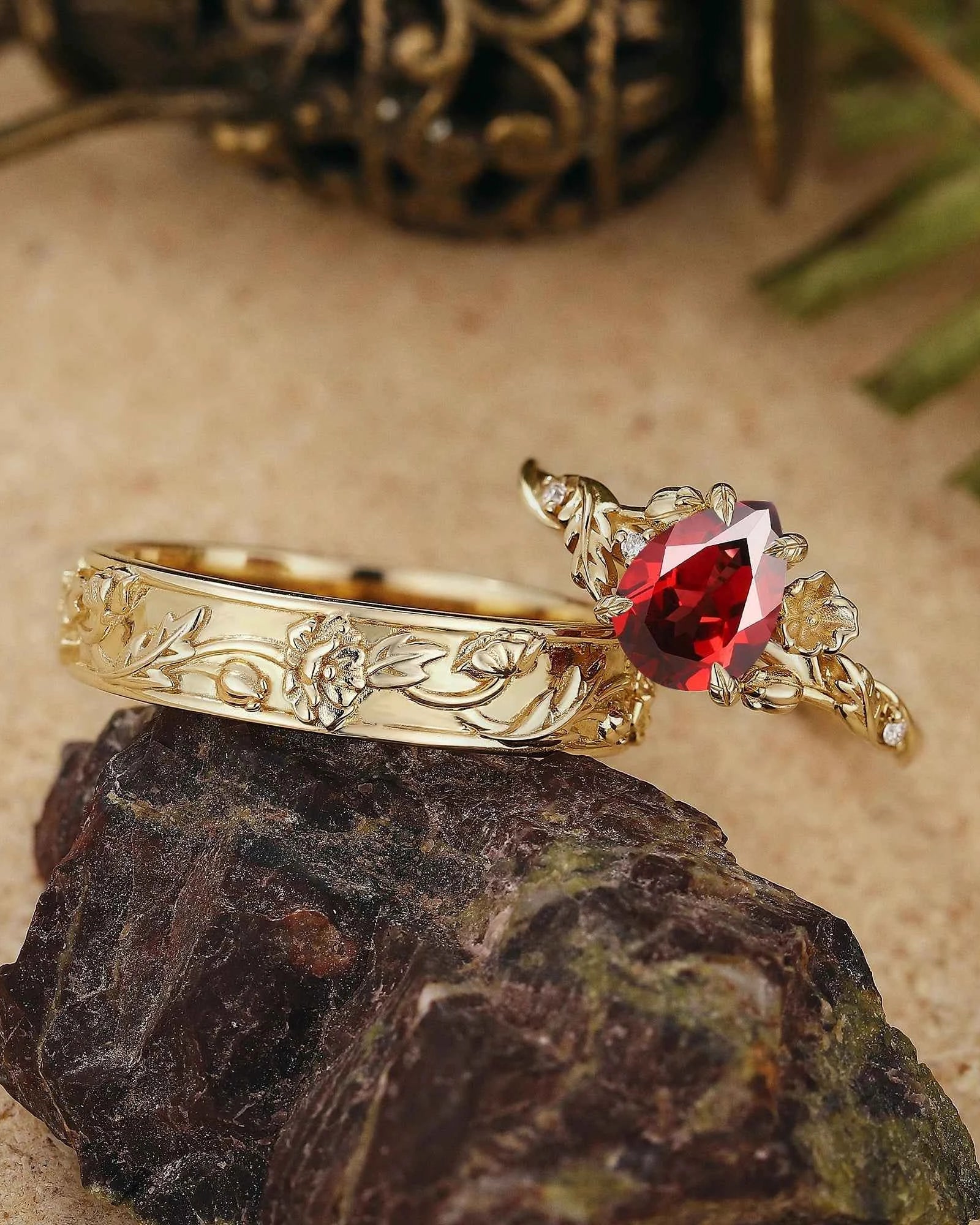 Floral Inspired | 2pcs Poppy Design Ruby Couple Rings Set