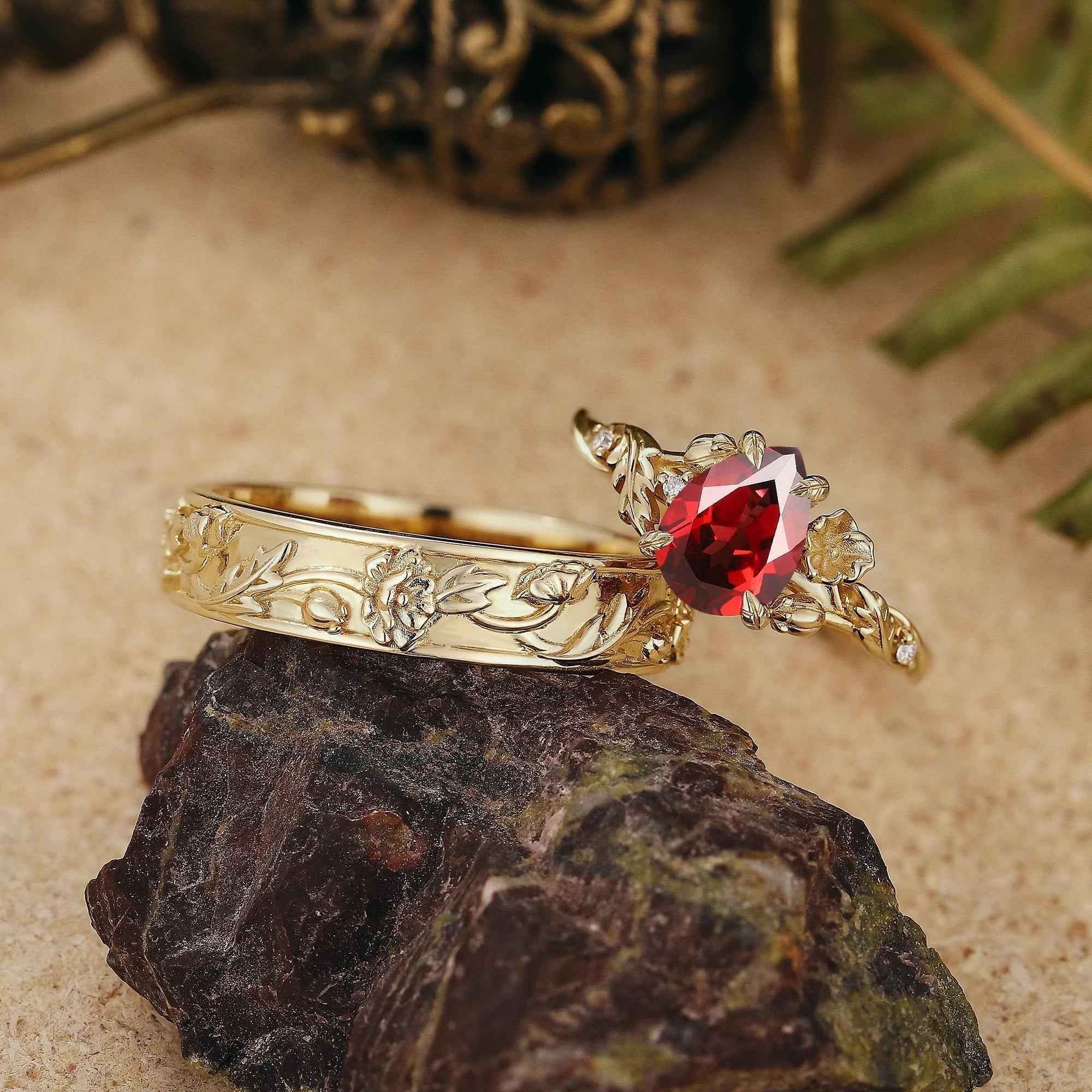 Floral Inspired | 2pcs Poppy Design Ruby Couple Rings Set